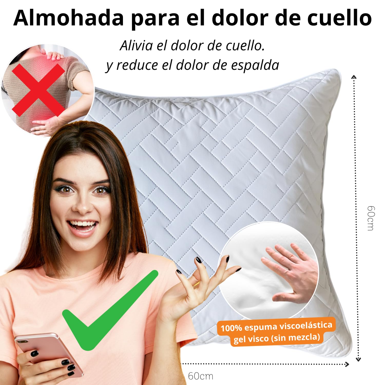 Almohada Viscoelastica 60 cm x 60 cm x 15 cm Almohada 60x60 Cojin Viscoelastico Cojin Cervical Sofa - Almohada Cervical Viscoelastica Antironquidos - Almohada Dormir De Lado Cojin Cervicales Y Cuello