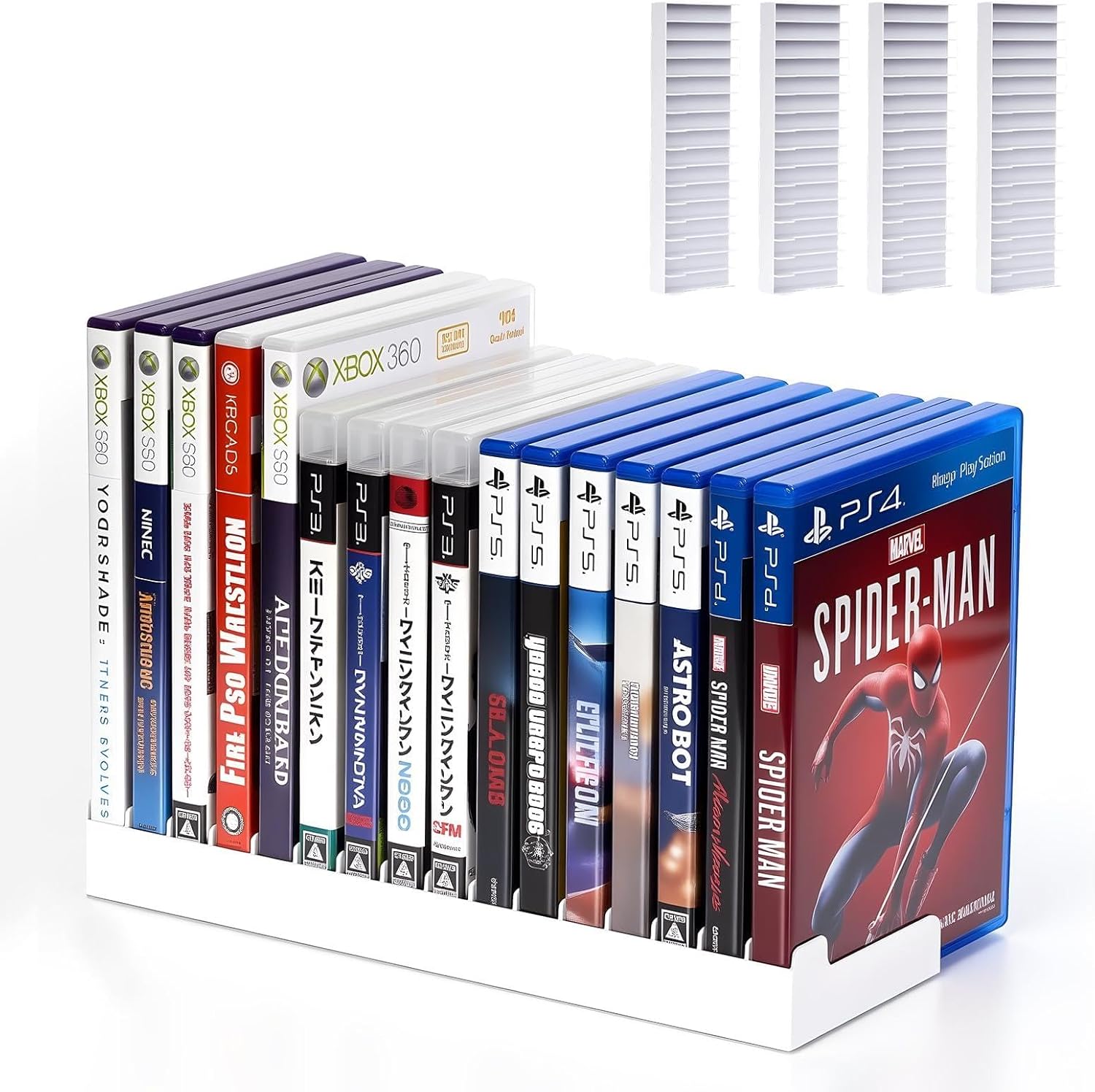 4 Pack Video Game Storage Holder Stand Universal for PS5/ PS4/ PS3/ PS2/ Xbox One/Xbox 360 and Xbox Series X/S/Wii/Switch/Switch 2 Game Cases, DVD and Blu-Ray Organizer for Desk