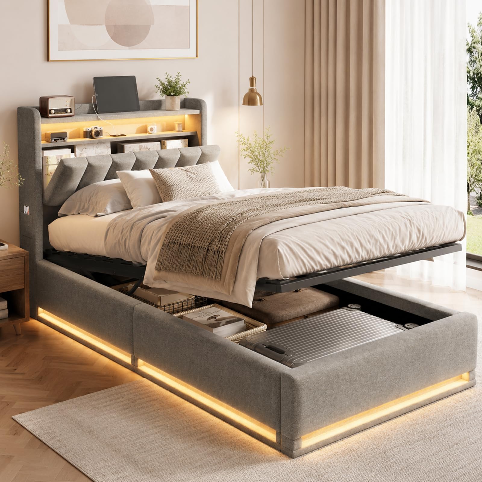 LKPOMI 3ft Single Ottoman Bed with Storage Headboard and LED Lights, Upholstered Single Bed with Solid Wood Slats, Hydraulic Lift up Bed Frame, Grey Velvet, 90x190 cm