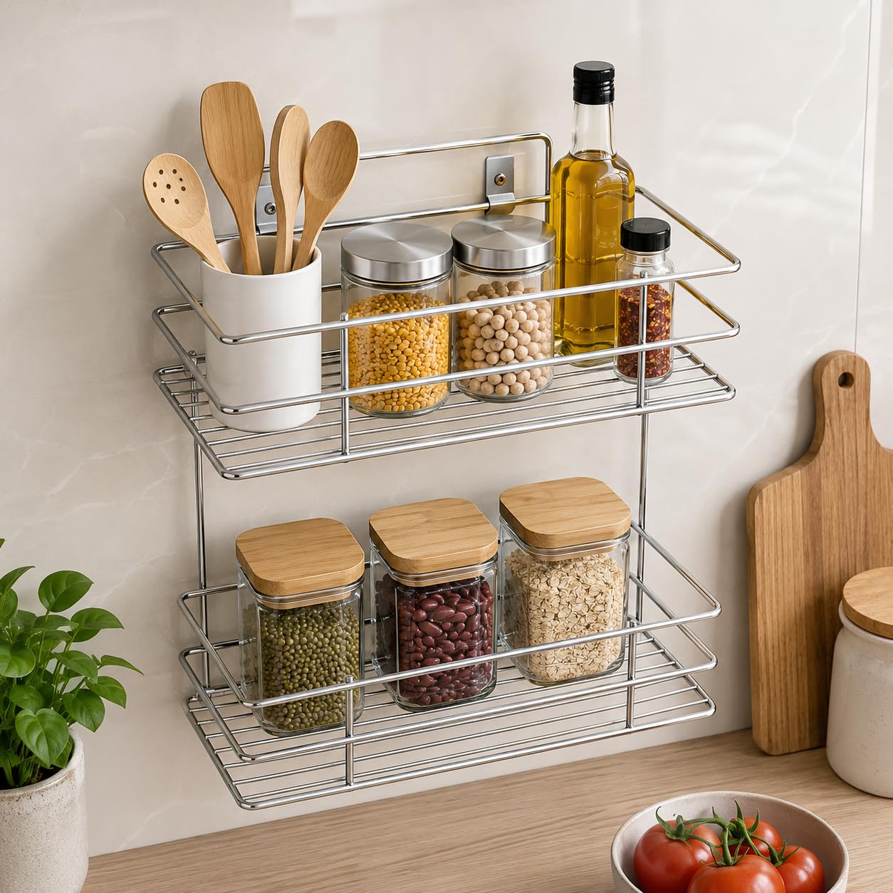 Storage Organizing Rack, Wall Mounted Kitchen Organiser Shelf, 2-Tier Layer Fruits & Vegetable Onion Rack, 2 Layer Shelf Rack Stand, Wall Mount Stainless Steel (Pack Of 1) (NHSP)-image-25