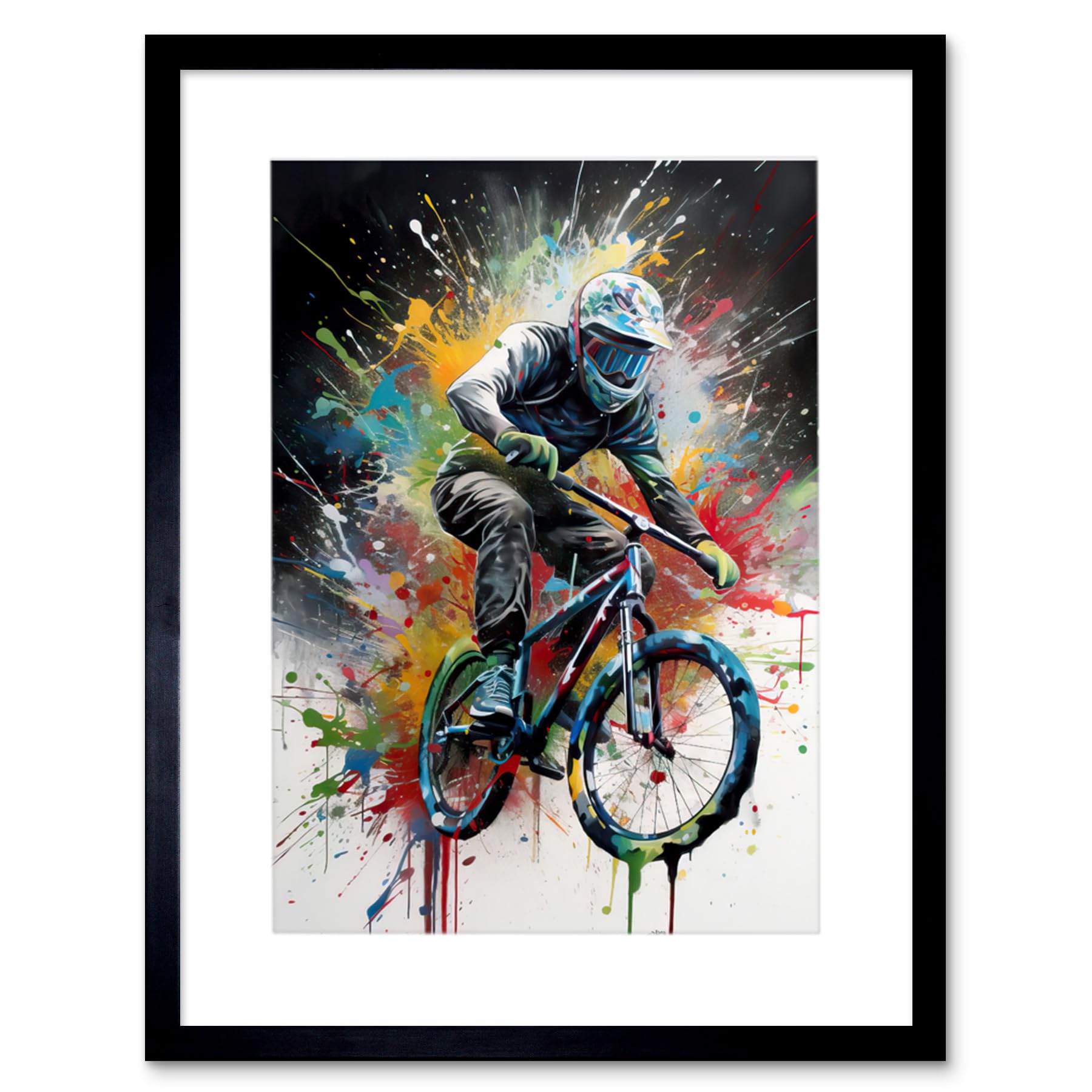 Artery8 Mountain Biking Extreme Sport Paint Splat Portrait Artwork Framed Wall Art Print 12X16 Inch