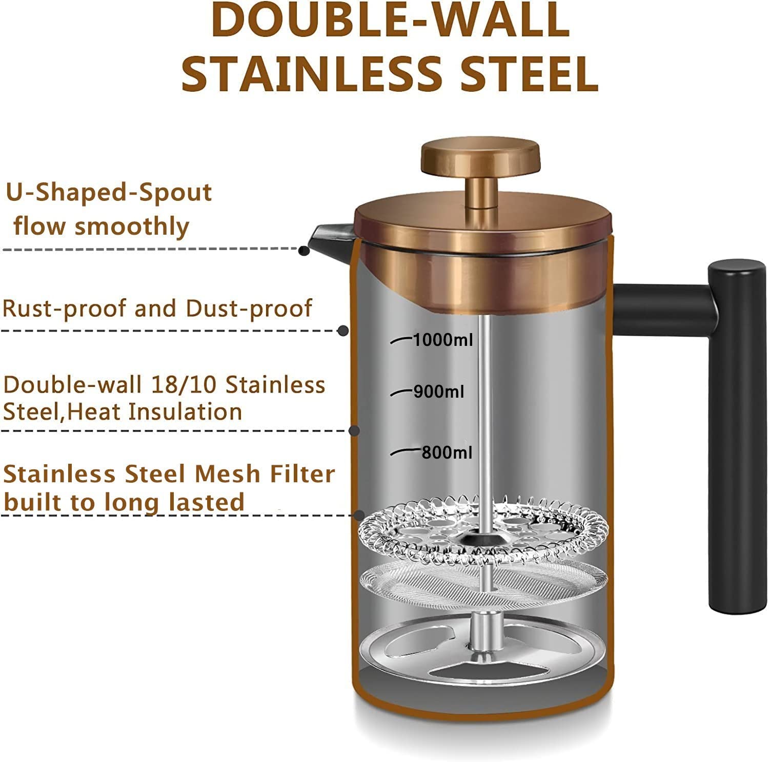 Grande cafetière à piston isotherme en acier inoxydable de 1,5 l, double paroi pour garder le café et le thé au chaud, bonus avec 2 filtres à café - Noir (1500 ml)