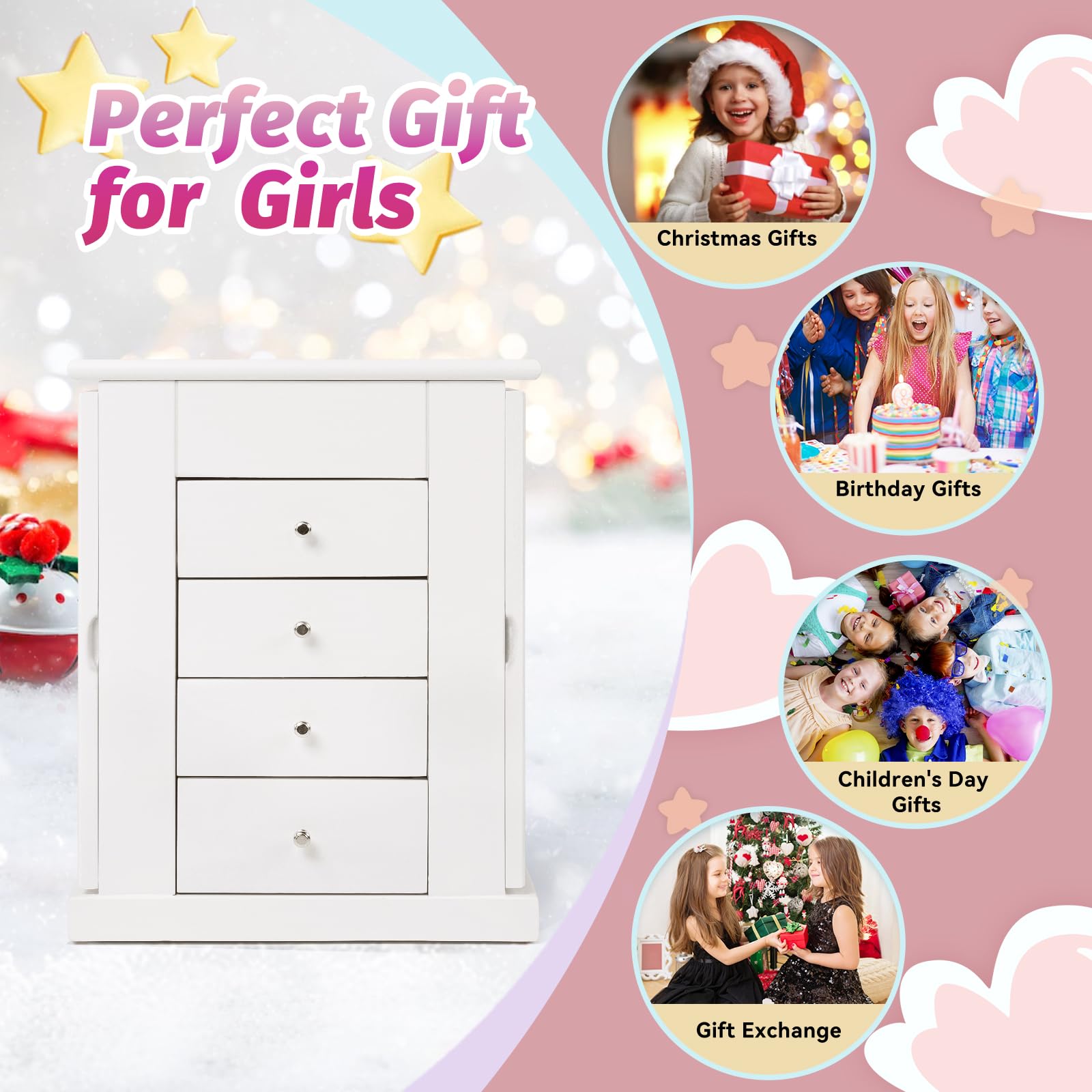 Joyero Musical Niña Madera Bailarina Giratoria 5 Niveles Regalo Blanco