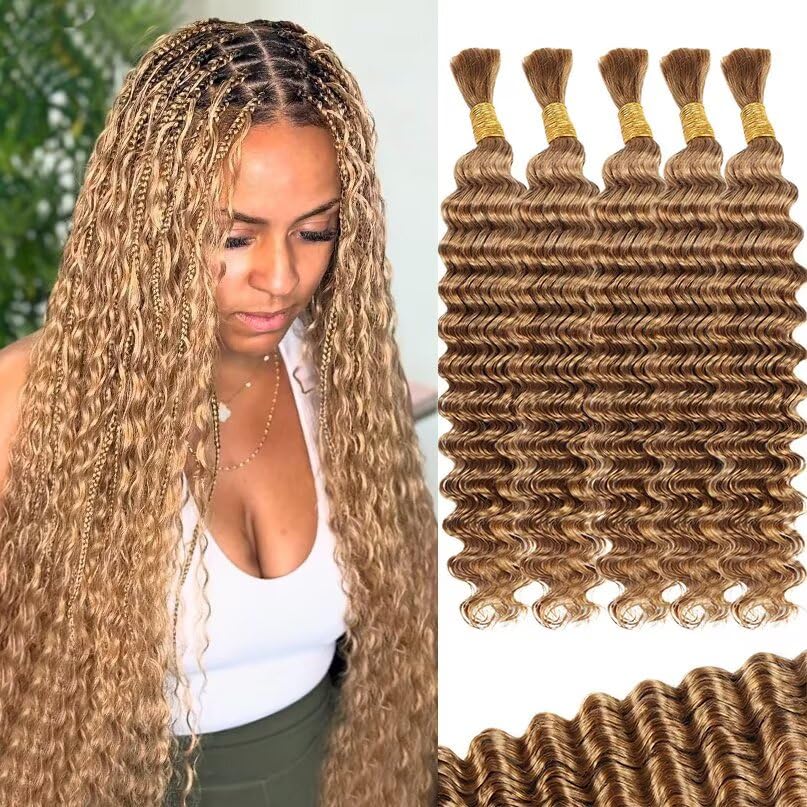 12A #27 Honey Blonde Human Braiding Hair for Boho Braids 5 Bundles 16 Inch 160g Deep Wave Braiding Hair for Bohemian Knotless Braids 100% Unprocessed Virgin Bulk Hair Extensions No Weft