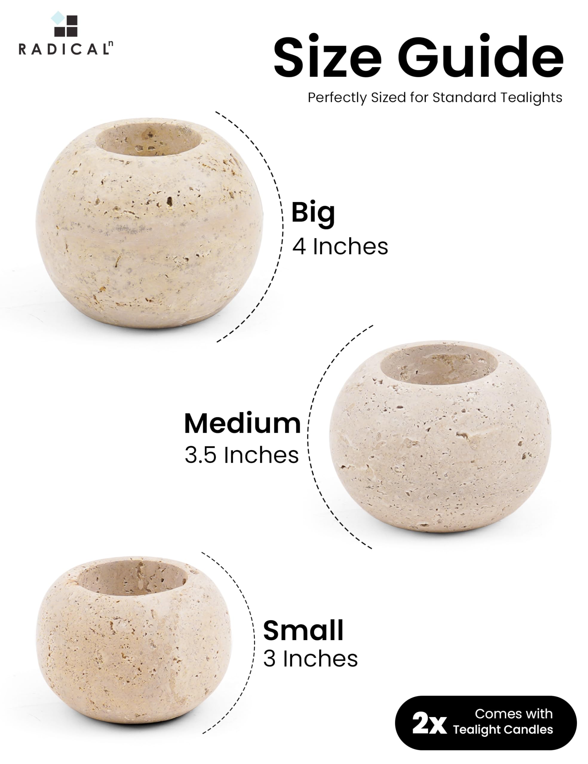 Radicaln Portacandele in marmo da 10,2 cm in travertino decorativo fatto a mano per la decorazione della casa, elegante set di 3 mini portacandele e portacandele in marmo per l'inaugurazione della