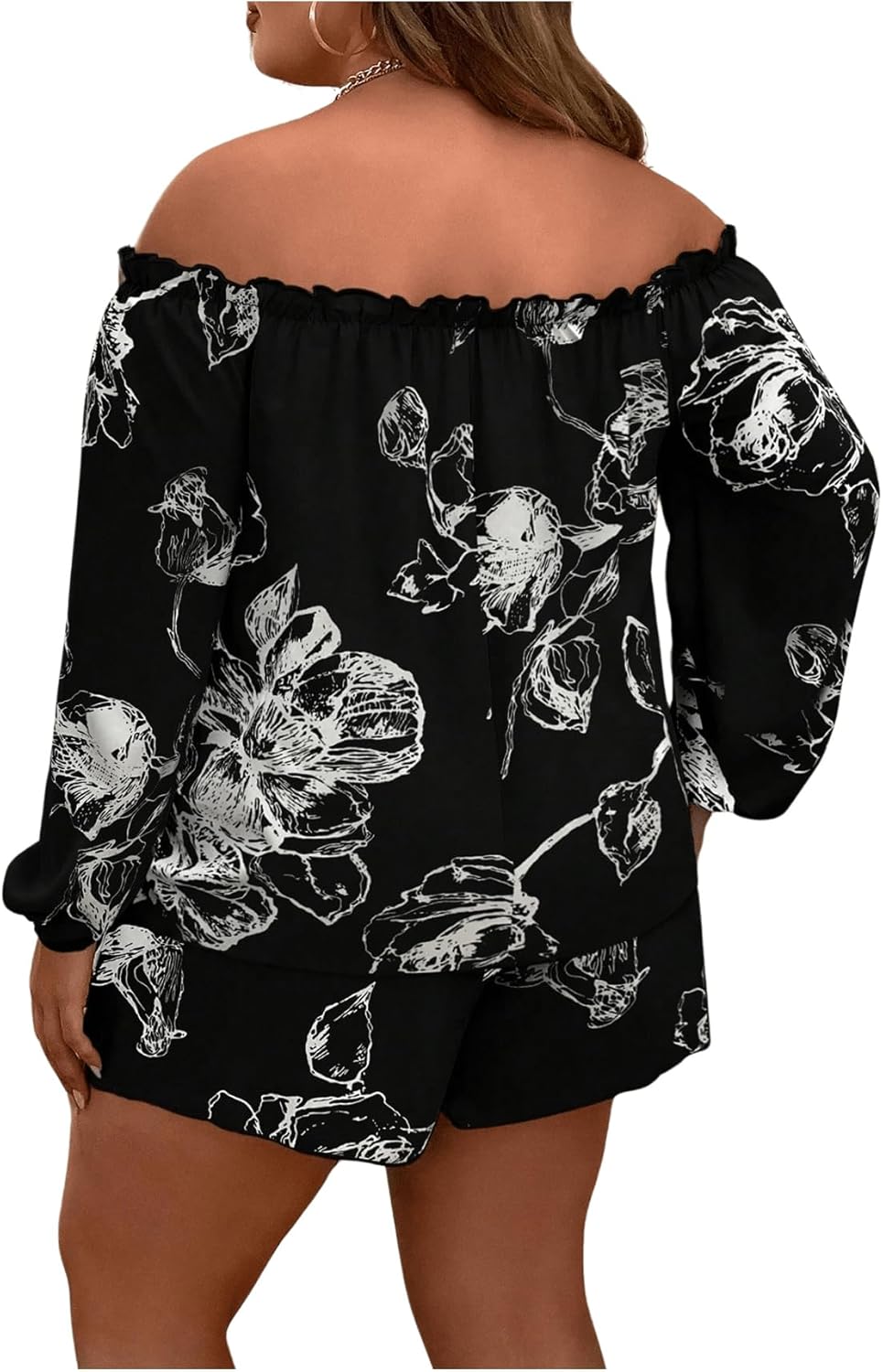 Floerns Women's Plus Size 2 Piece Boho Floral Off Shoulder Frill Trim Drawstring Front Top & Shorts - Image 2