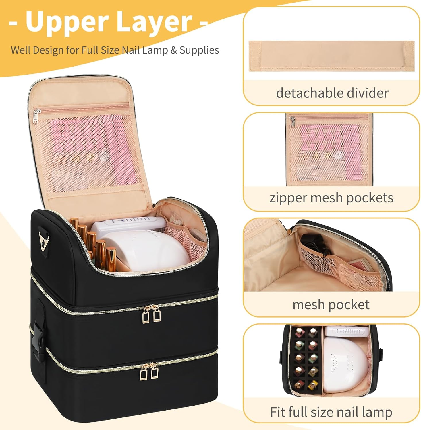 Nail Polish Organizer & Tattoo Travel Case - 3-Layer Nail Organizers and Storage Bag Holds 86-100+ Bottles, Portable Nail Supplies Organizer, Nail Tech Kit Box, Multi-Functional Cosmetic Case