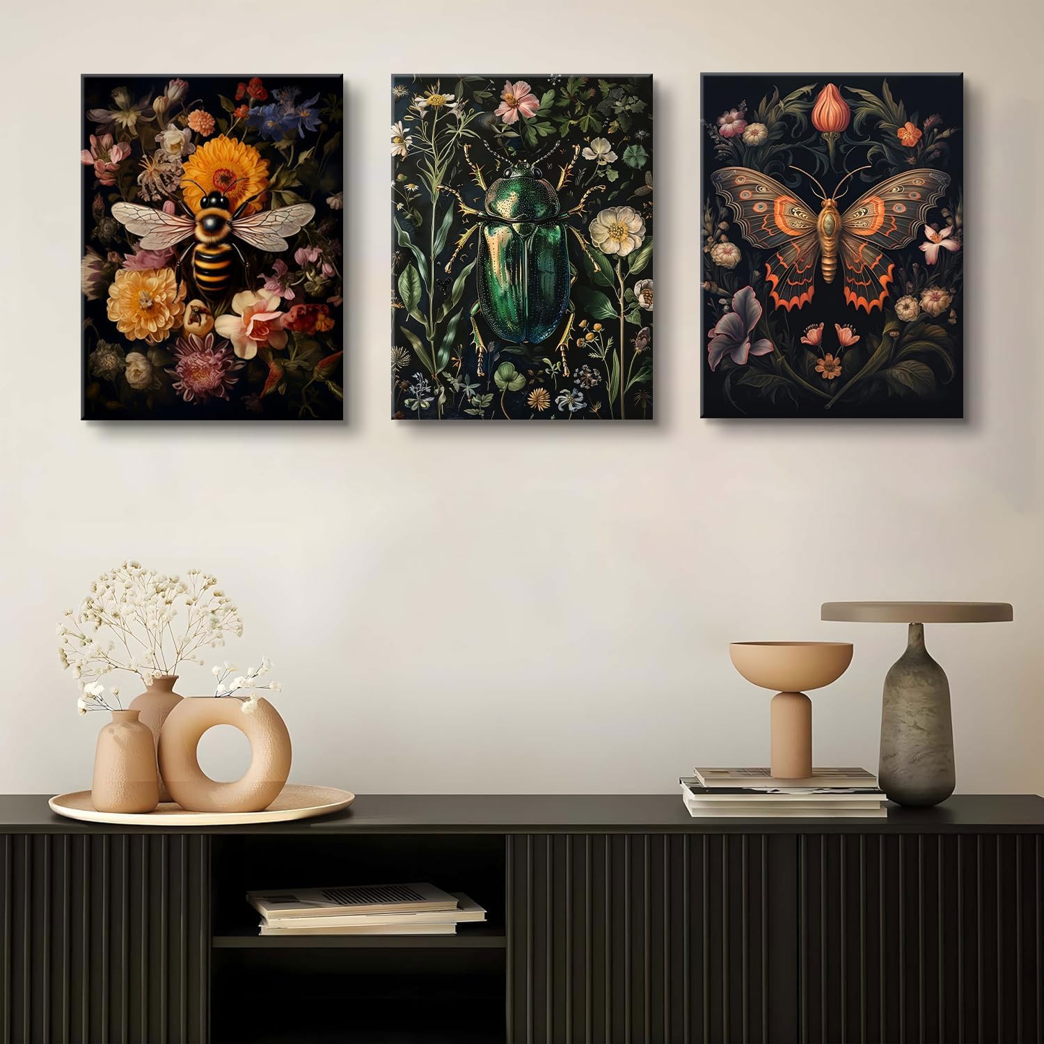 3 Pcs Dark Academia Butterfly and Bee Floral Wall Art Gothic Insect And Botanical Wall Decor Vintage Dark College Posters Canvas Prints Painting Picture for Bedroom Living Room 12x16in canvas - Image 3