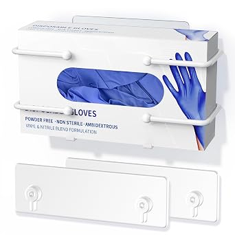 Glove Box Holder, Adhesive Wall-Mounted Metal Dispenser, White | Tool-Free Adhesive Wall Mount Metal Glove Box Holder for Latex Rubber Gloves, Facial Tissues and Wipes Storage