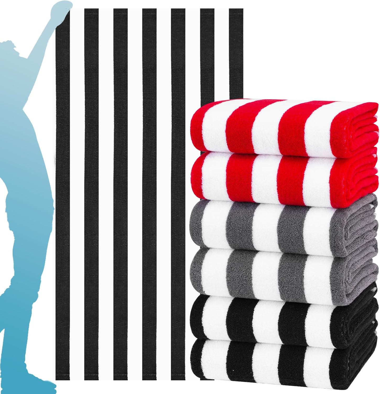 6 Packs Stripe Cotton Beach Towel Thin Terry Set Extra Large XL Big Oversized Clearance Accessories Essentials Soft Absorbent Pool Travel Bath Swim Camping Towels Bulk Men Women Adults Gift Grey