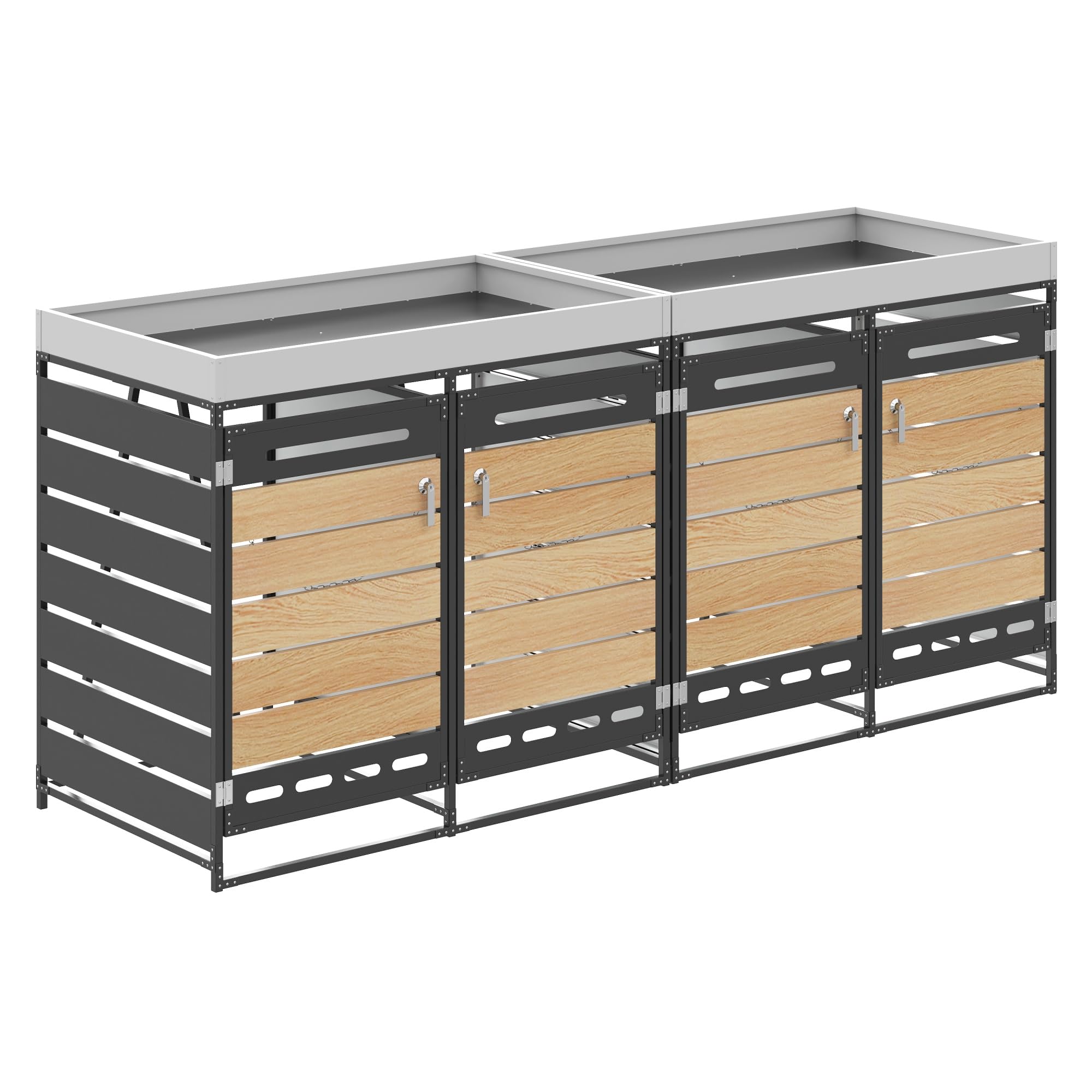 Merax Caja de almacenamiento para cubos de basura de 4 puertas, con jardinera, armario de almacenamiento de hierro para jardín con ventilación de agujeros largos, revestimiento para cubos de basura
