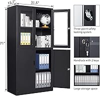 Vista 3 de SISESOL Display Cabinet with Glass Doors and Lock,Black Metal Storage Cabinet,Freestanding Locking Kitchen Pantry Cabinets with Doors and Shelves