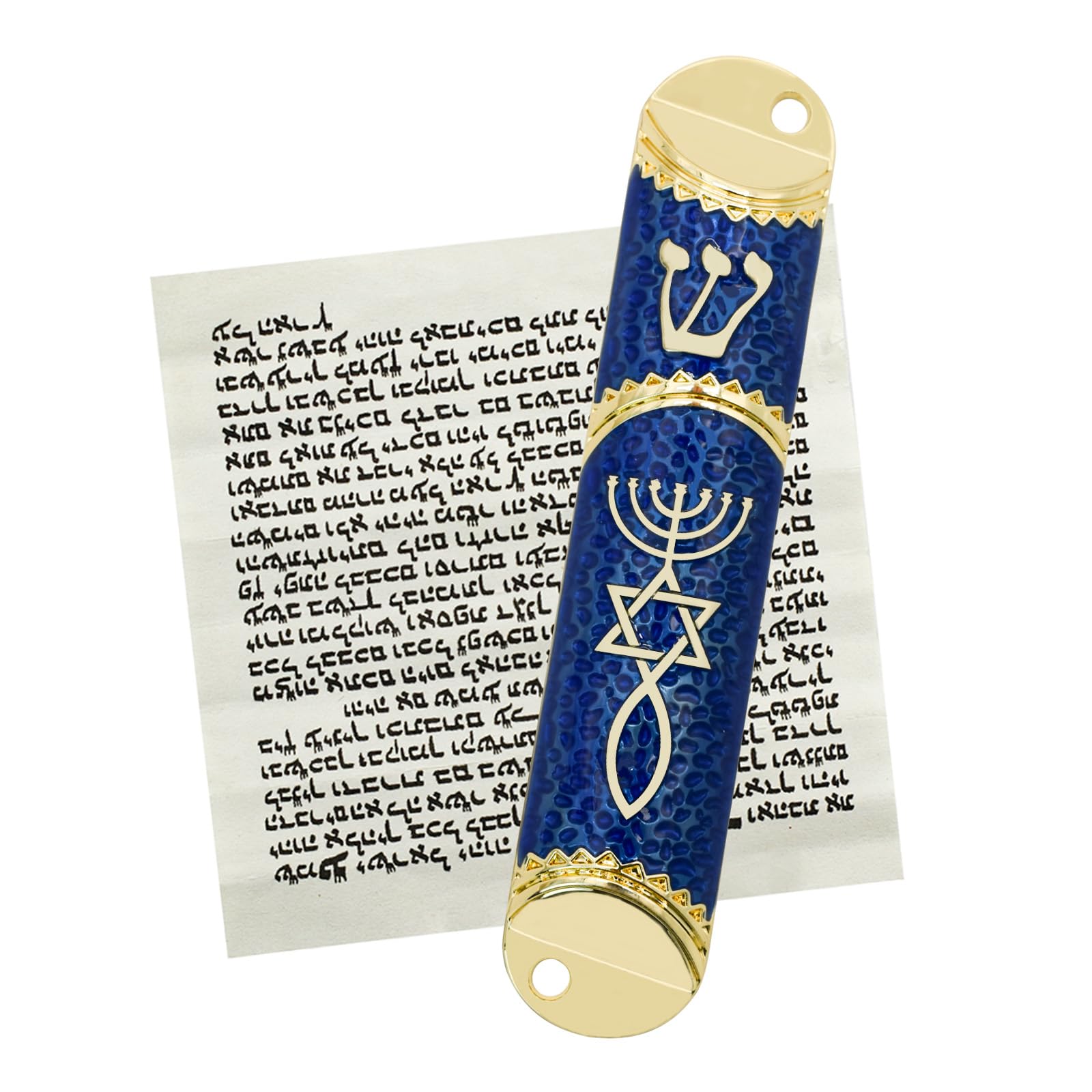 MrMrKura Mezuzah with Scroll for Door, Metal Mezuzah Case with Messianic Seal for Hebrew Home Blessing, Jewish Gifts, Jewish House Warming Decor, Christmas, Easter (Blue)