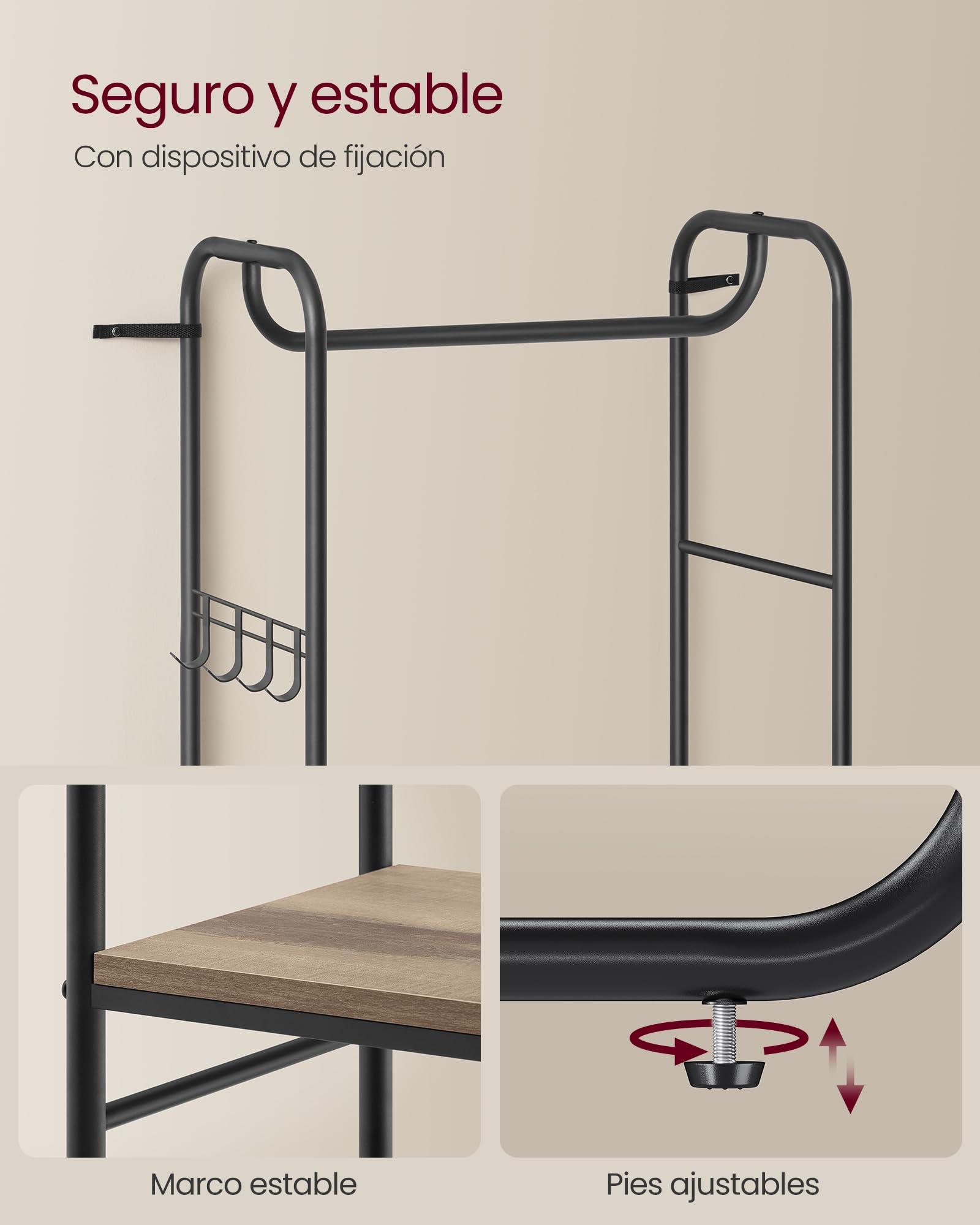 VASAGLE Perchero, Perchero con Zapatero, Estantes de Almacenamiento, Vestíbulo, Dormitorio, 58 x 28 x 181 cm, Estilo Escandinavo, Negro Tinta y Marrón Camello HSR081K01