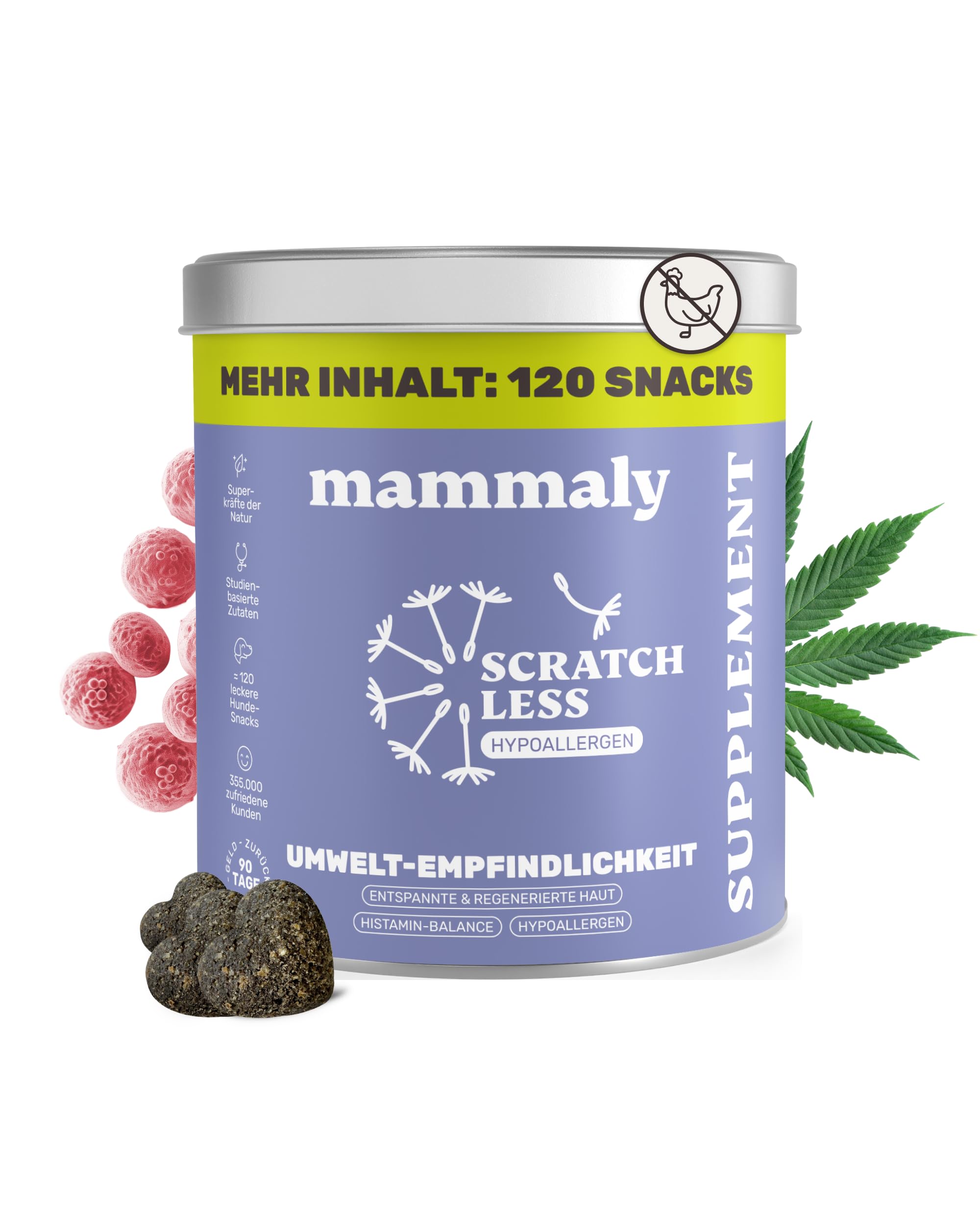 7-in-1 Hanföl-Leckerli für Hunde - Scratch Less 120 Snacks (350g) von mammaly - mit Zink, Bierhefe, PEA - kann Deinem Hund bei saisonalen & ganzjährigen Allergien und Juckreiz unterst.