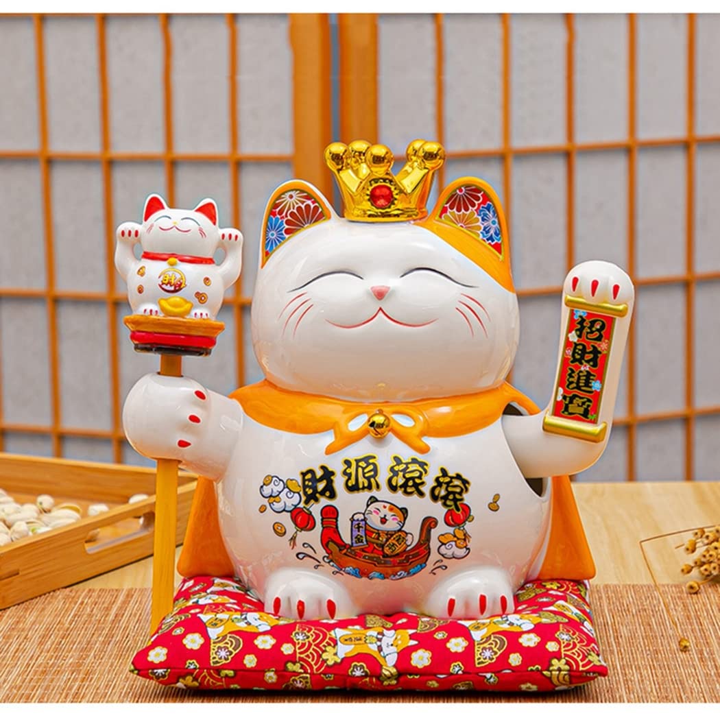 Ecoodisk 10 inches Large Waving Cat, Chinese Ceramic Maneki Neko