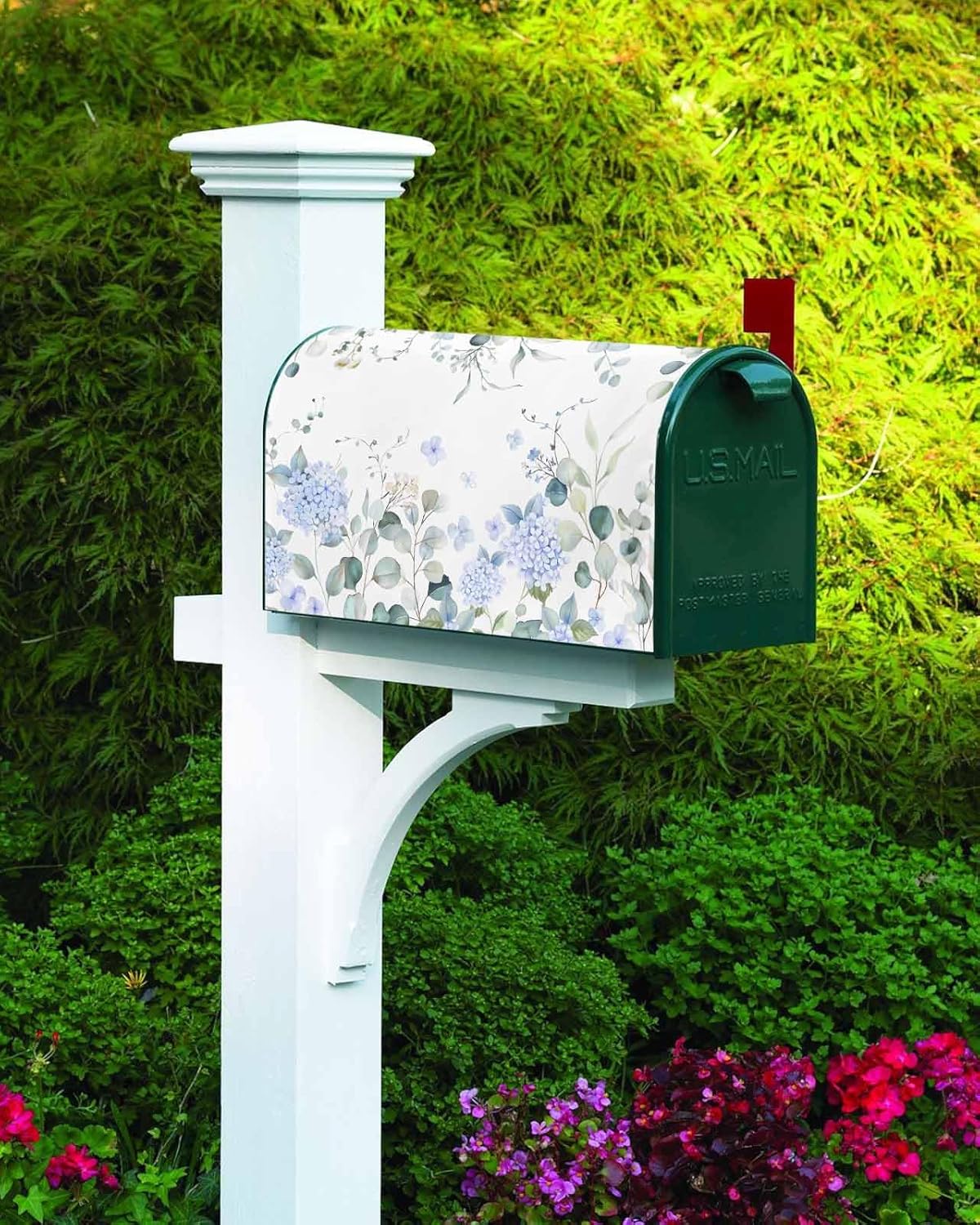 Blue Hydrangea Mailbox Covers Magnetic Mailbox Wraps, Eucalyptus Leaves Rustic Flowers Botanical Post Letter Box Cover for Garden Yard Outdoor Decor Standard Size 21x25.5 Inch