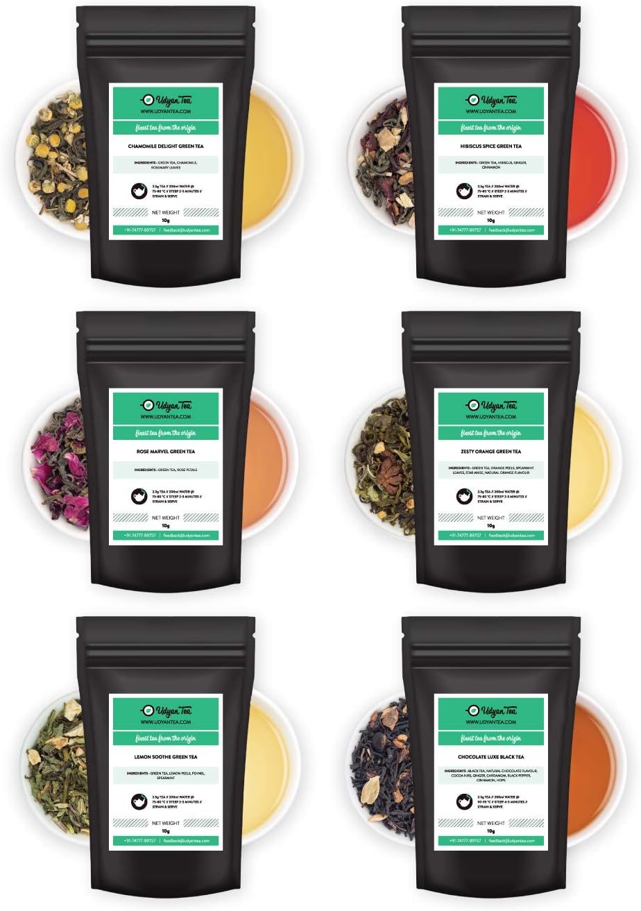 Udyan Tea Floral and Fruit Tea Sampler , 10 g Each - Pack of 6 Varieties
