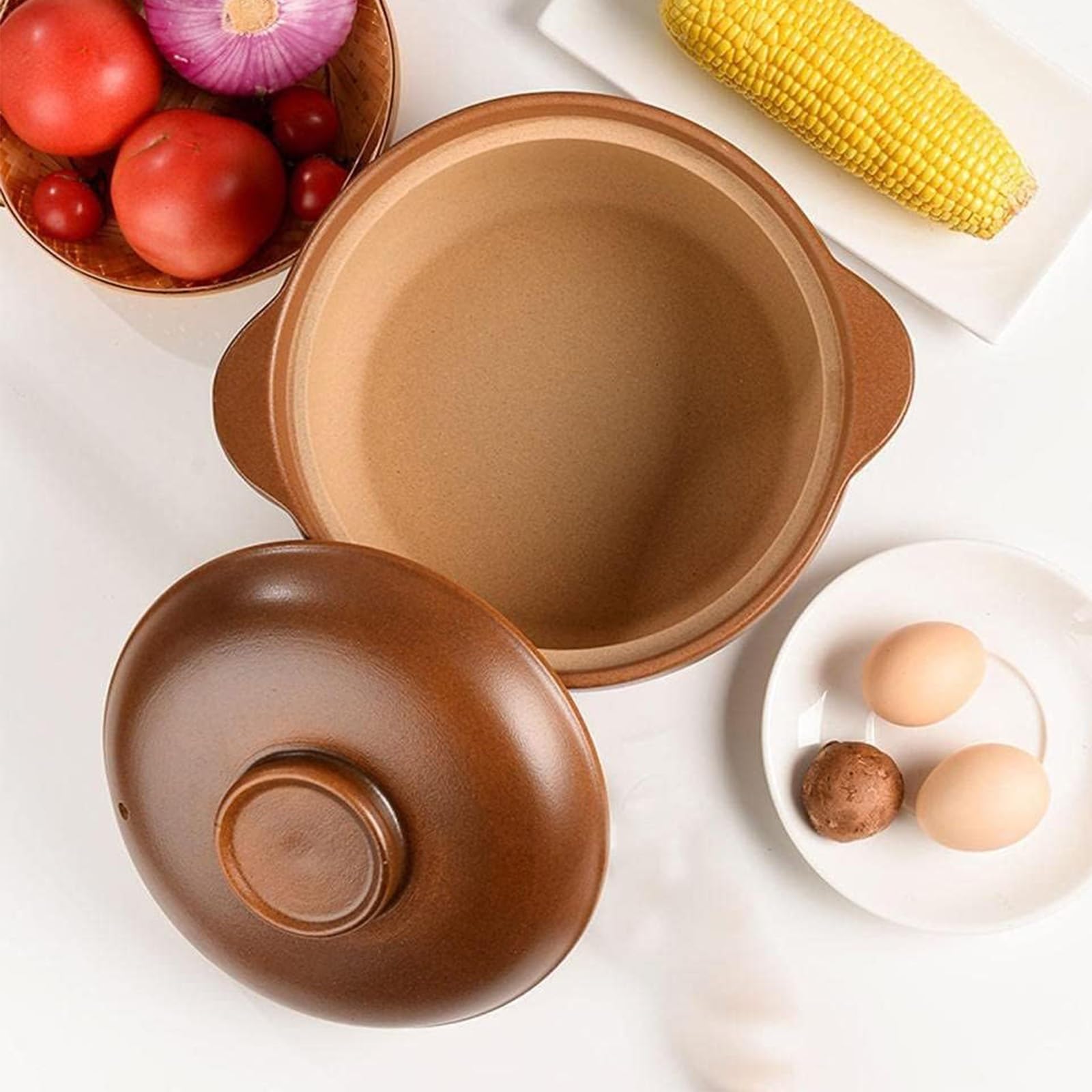 Casseruola in Terracotta con Coperchio - Casseruola in Terracotta Antica, Ideale for Cucinare sul Fuoco Aperto - Casseruola in Ceramica, pentola di Terracotta(2.5L 21.5 * 10CM)