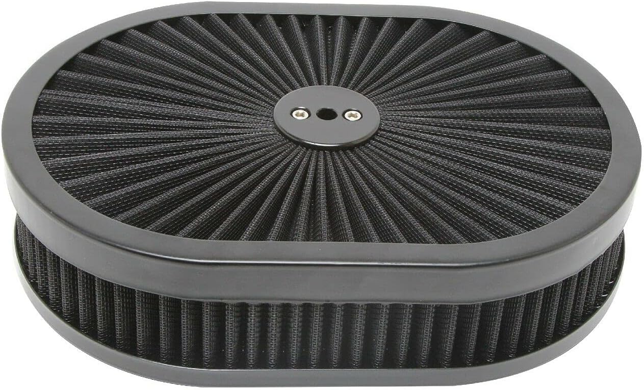 X-AVION Super Flow Oval 12''X2'' Air Filter Assembly Kit Black Element and Anodized Base Washable and Reusable Replacement V8 Air Cleaner with Mounting Stud and Wing Nut Kit for Chevy Fοrd