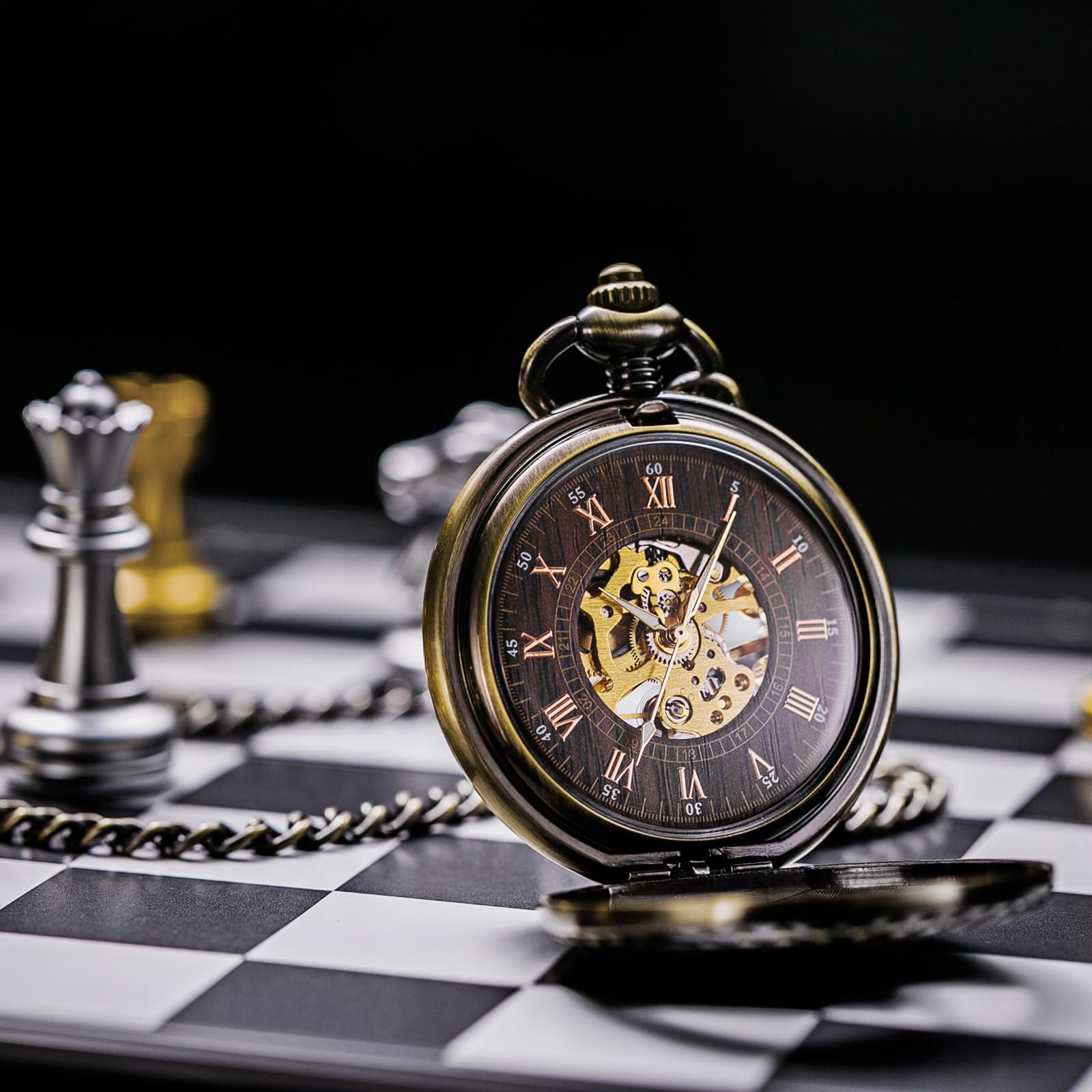 Treeweto - Antico orologio da taschino, da uomo, movimento meccanico visibile, cassa cava in bronzo, incisione effetto 3D di un treno a vapore, numeri romani