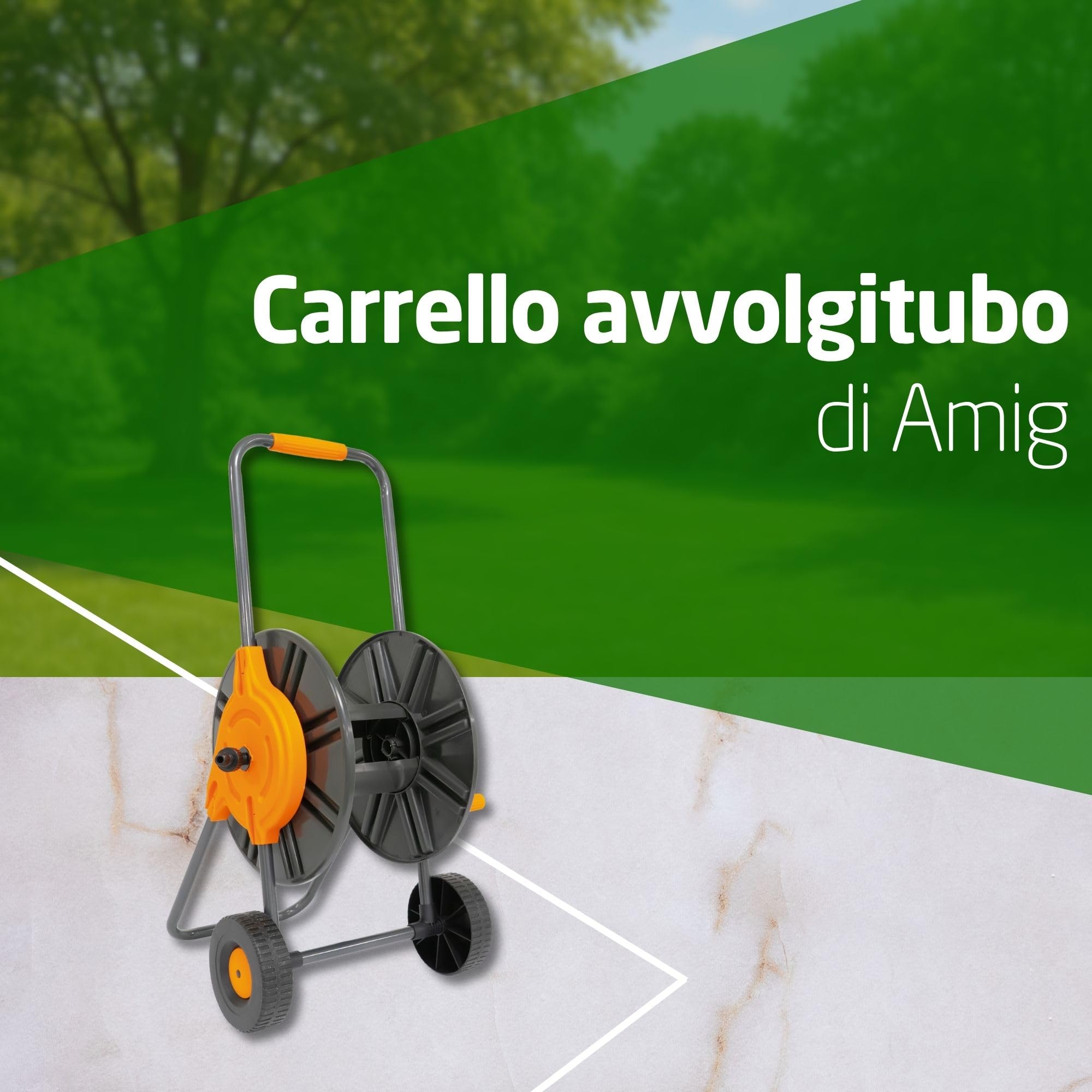 Amig - Carrello Portamanguero | Per Tubi da 1/2" | Arrotolato Massimo di 60 m | Con Manovella per Avvolgere Facilmente | Polipropilene | Arancione e Grigio