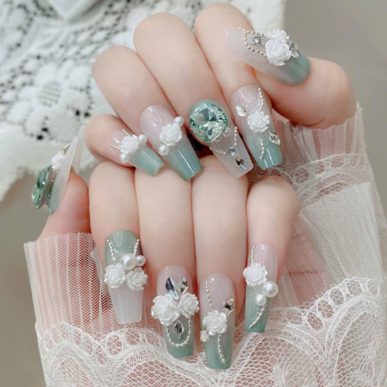 Hkanlre 3D Press on Nails Medium Fake Coffin Nails Tips Full Cover Luxury False Nails for Women and Girls 24PCS