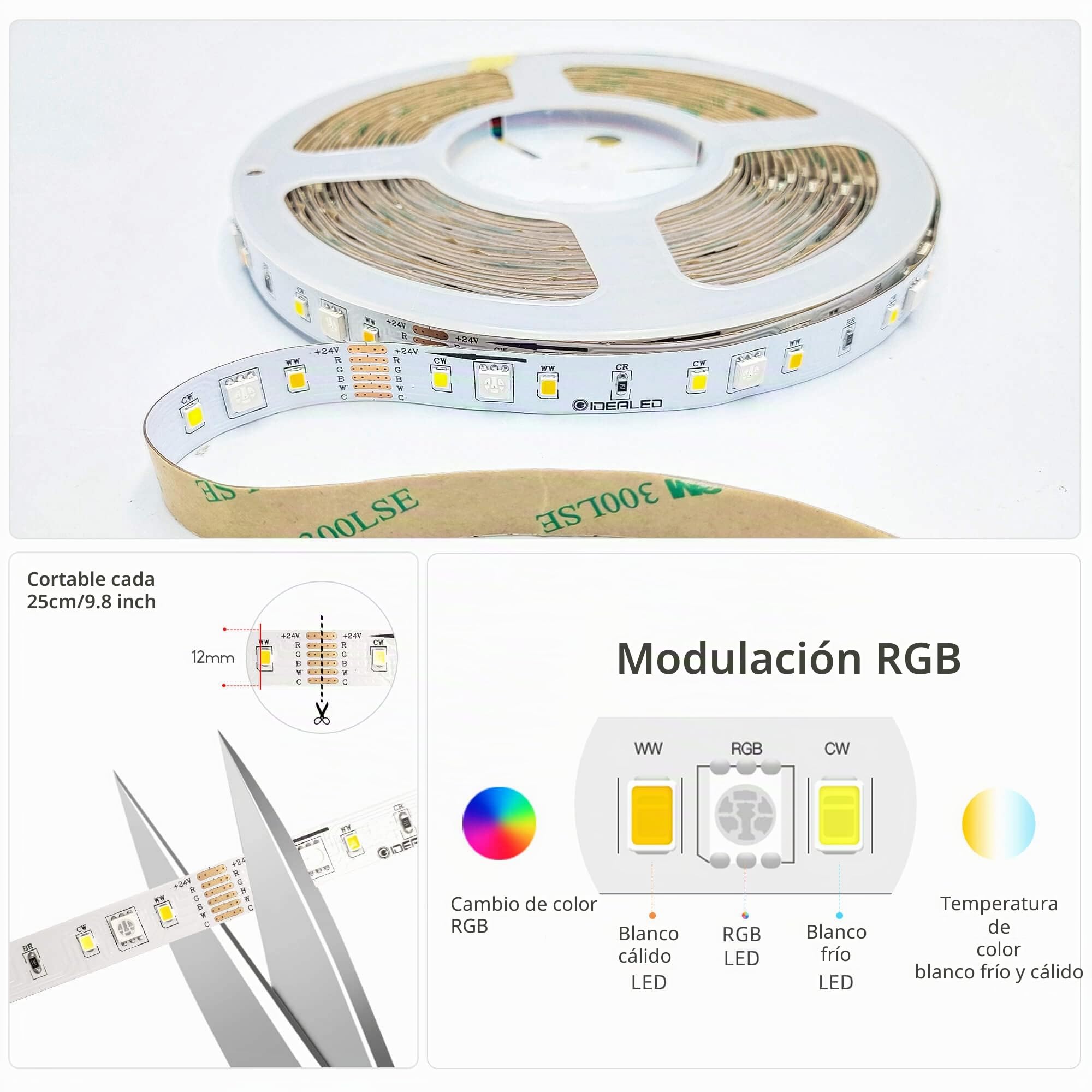 GIDEALED Tira de luces LED RGBWW 24V,10m/rollo,Regulable RGB blanco frío,blanco cálido(2300K-6000K)SMD5050 6 alambres a todo color Luz de día RGBCCT Light Strip Plus,solo no impermeable RGBWW Strips