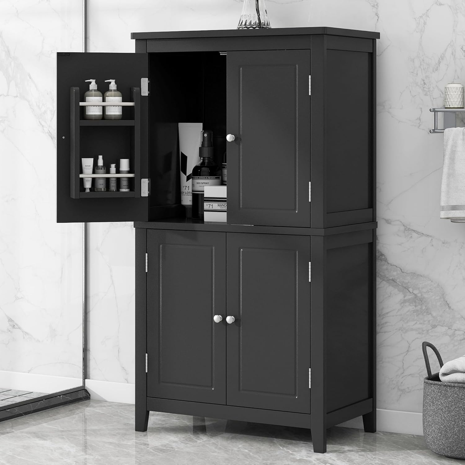 Bathroom Floor Storage Cabinet with Side Door Racks, 4-Door Freestanding Pantry Cupboard with Adjustable Shelves, Multipurpose Utility Organizer for Kitchen and Cleaning Room