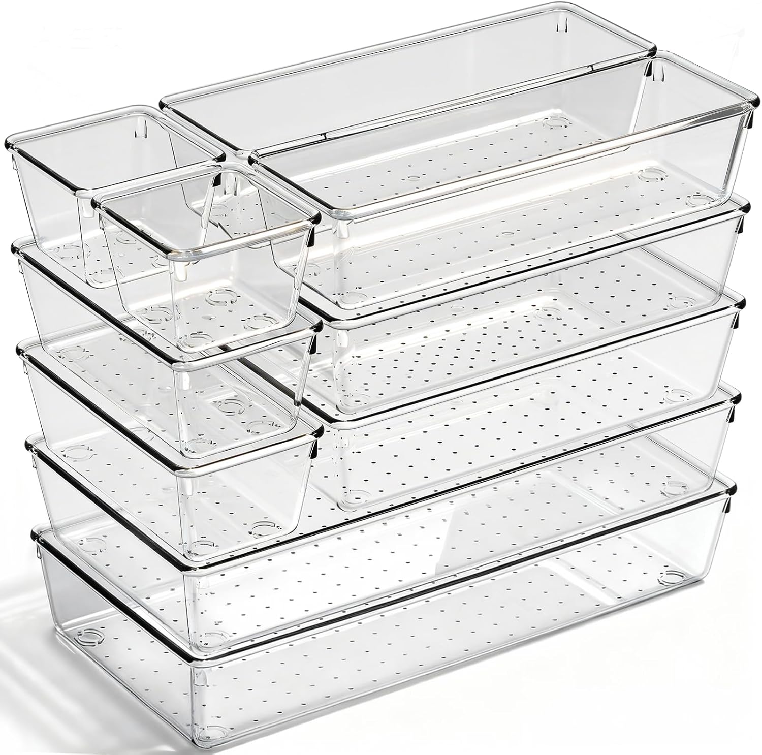 Drawer Organizer, 10 Pack Large Clear Plastic Organizer Bins 5 Sizes, Versatile Bathroom Drawer Trays, Heavy Duty Non‑Slip Drawer Dividers for Makeup, Office & Kitchen Utensils