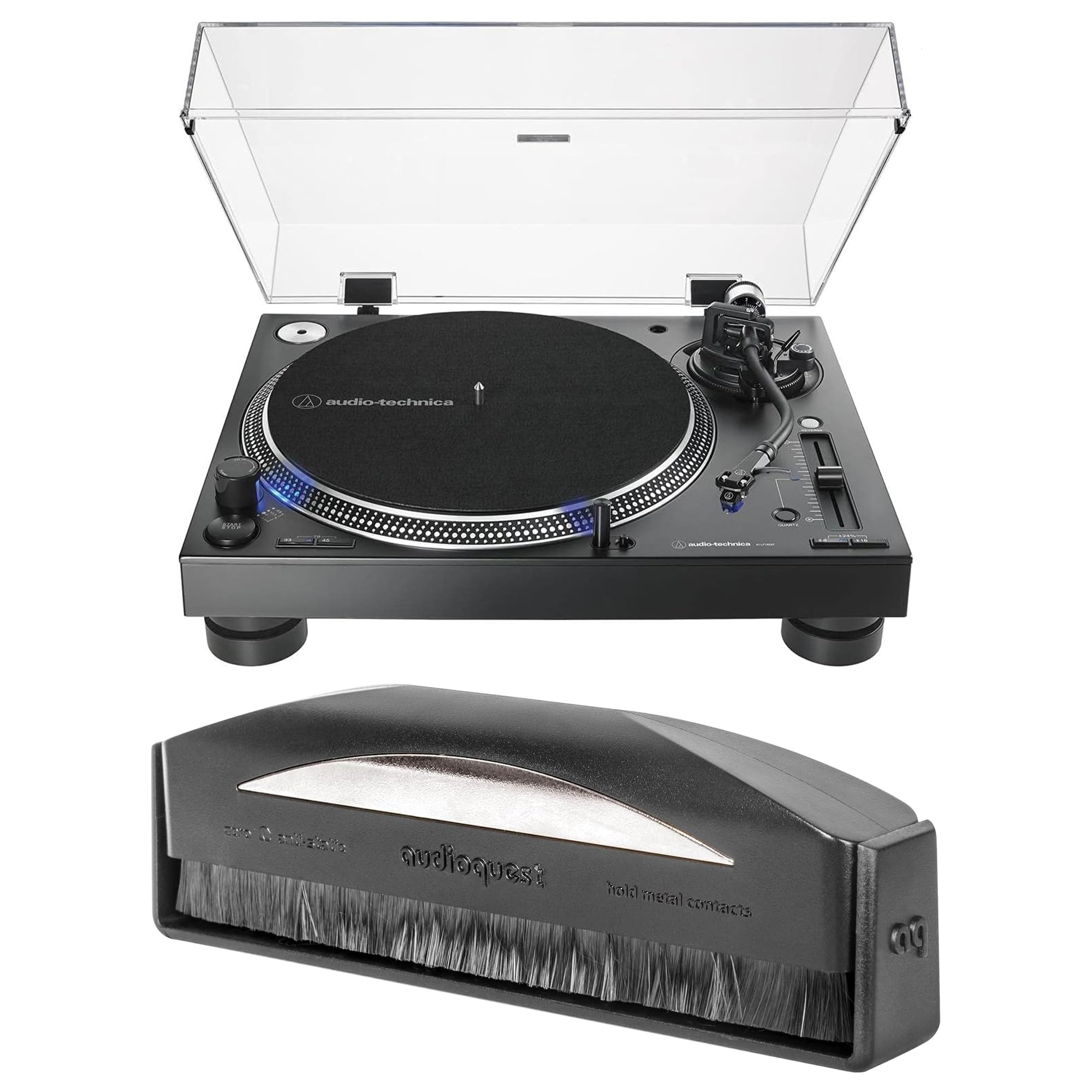 Audio Technica AT-LP140XP-BK DJ Professional Black Turntable with an AudioQuest AQSLVRRECBRUSH Silver Anti-Static Record Brush (2020)