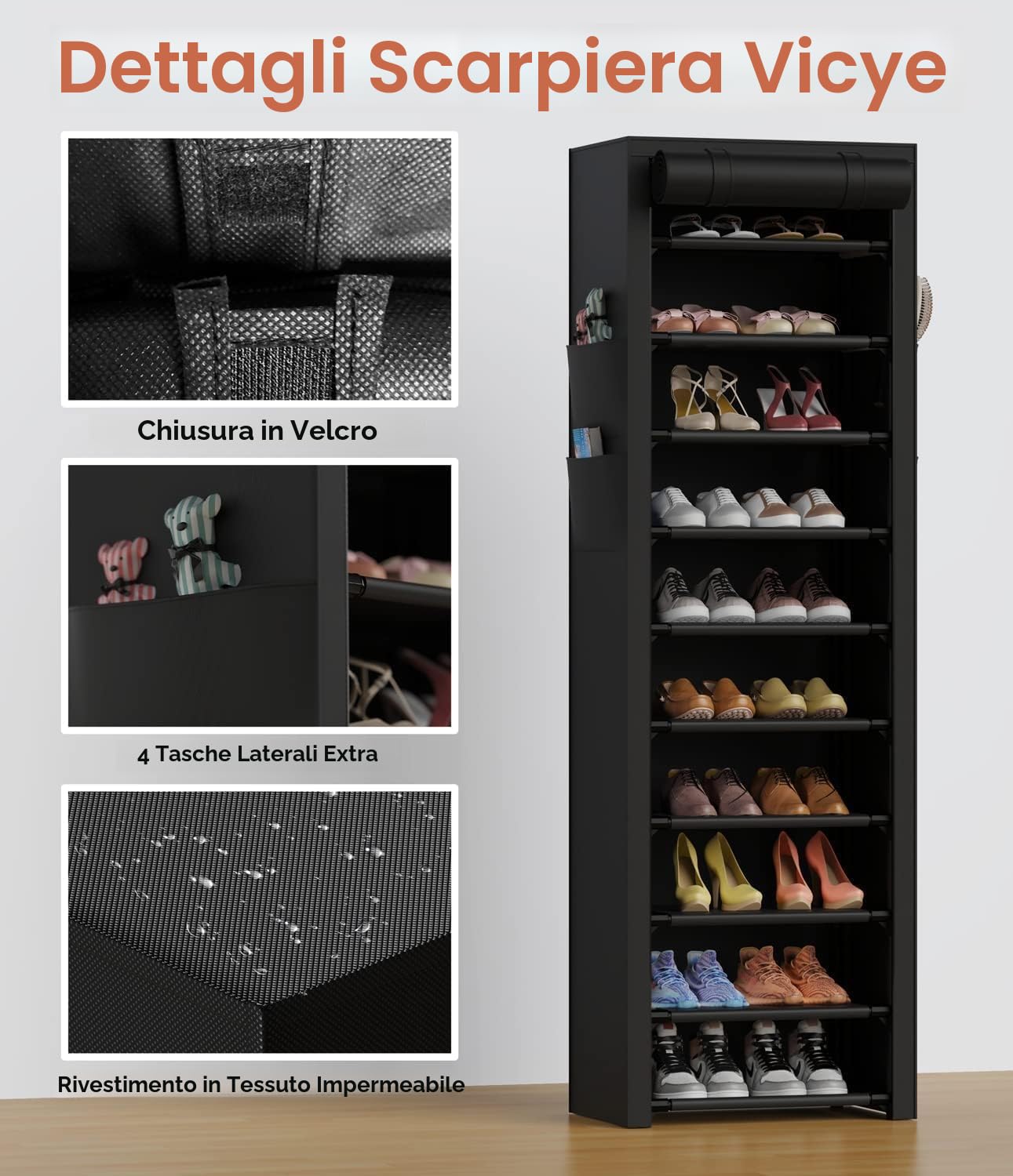 Vicye Scarpiera a 11 Ripiani con Copertura Antipolvere per 20-22 Paia di Scarpe, Impermeabile, Scarpiera Migliorare l'utilizzo dello spazio Slim in Tessuto, per Tacchi Alti, Scarpe Sportive, Nera