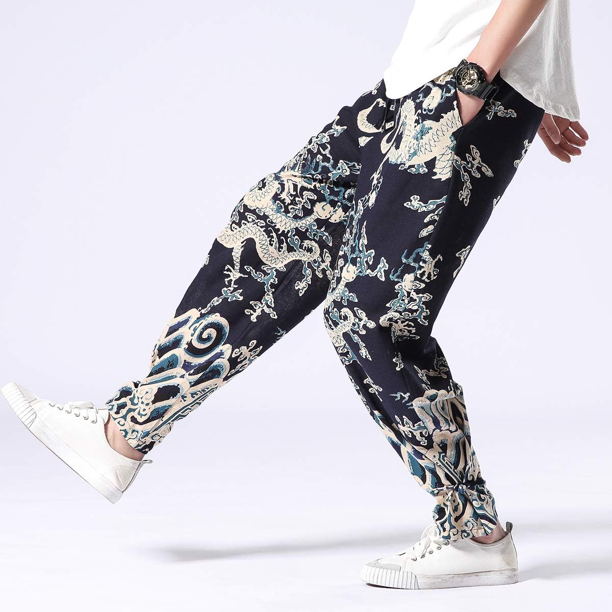 Seidarise Men's Harem Pants Dragon Wide Leg Harem Jogger Balloon Pants Genie Casual Yoga Aladdin Pants