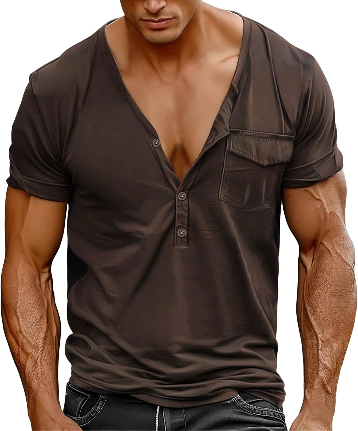 Men Retro Soft Deep V Neck T Shirt Casual Chest Pocket Slim Fit Tee Summer Trendy Street Solid Pullover Tops