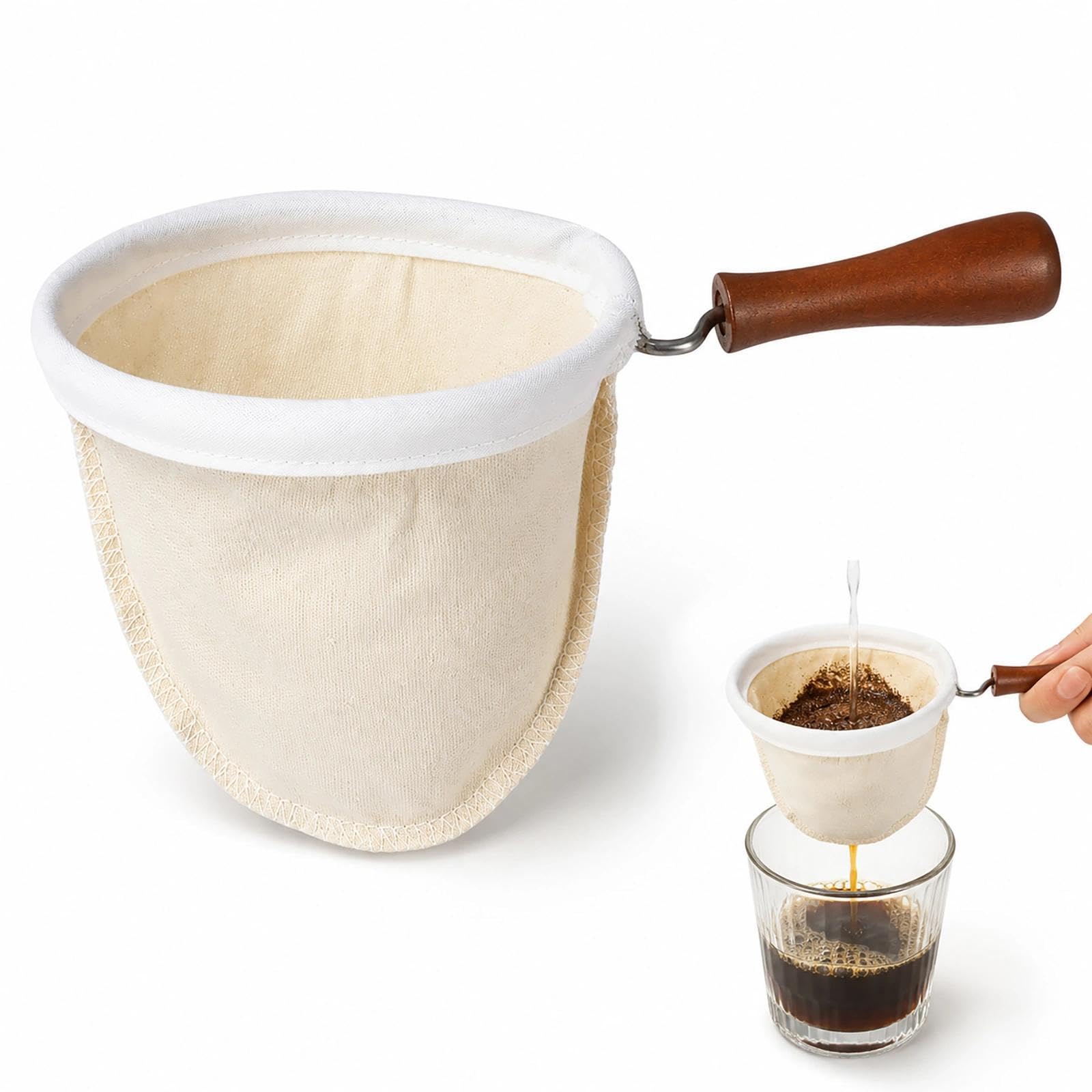 Reusable Flannel Coffee Filter with Wooden Handle, Cone Washable Coffee Sock Strainer for Drip Cold Brew French Press Home Café Brewing