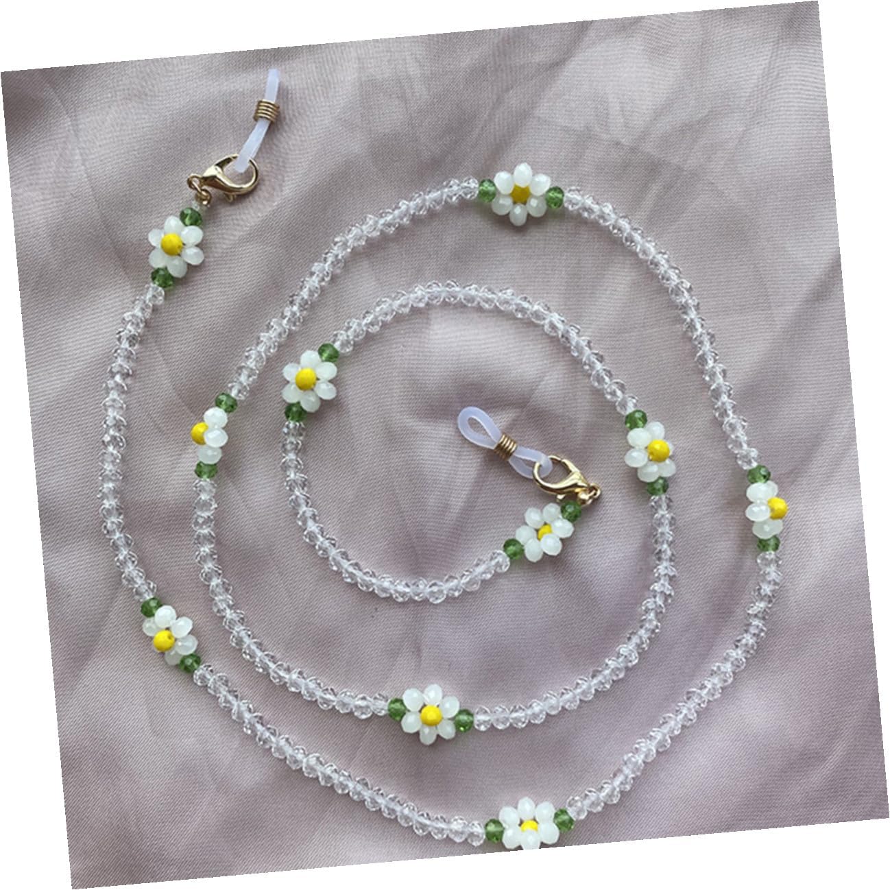 Mask Anti-dropping Eyeglasses Chain Crystal Beads and White Flower Necklace, Multi-purpose Sweater Hanging Chain for Women Eyewear Anti-lost Accessory