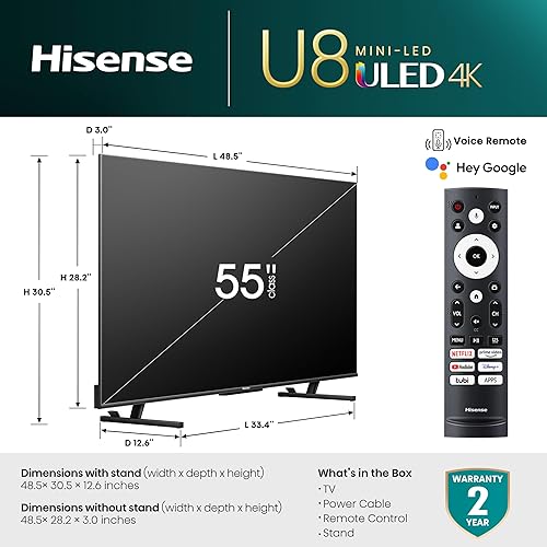 Miniatura 3 de Hisense 55 pulgadas Class U8 Series Mini-LED ULED Google Smart TV (55U8K, modelo 2023)