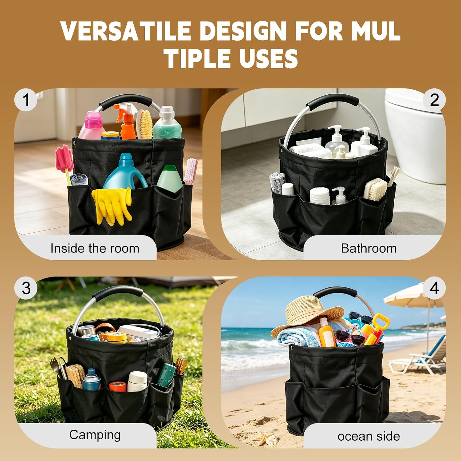 17L Cleaning Caddy with Handle, Foldable Cleaning Supplies Organizer, Portable Storage Bucket Bag for Home & Garden (Black)