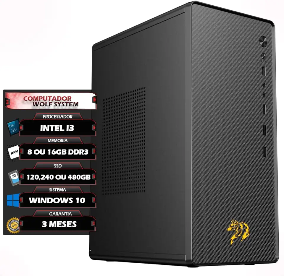 PC Desktop Intel Core i3 4ª Geração, 8GB ou 16GB RAM DDR3, SSD 120GB/240GB/480GB, Windows 11, 4 Portas USB, HDMI, Preto, Torre (120, GB, 8, GB)