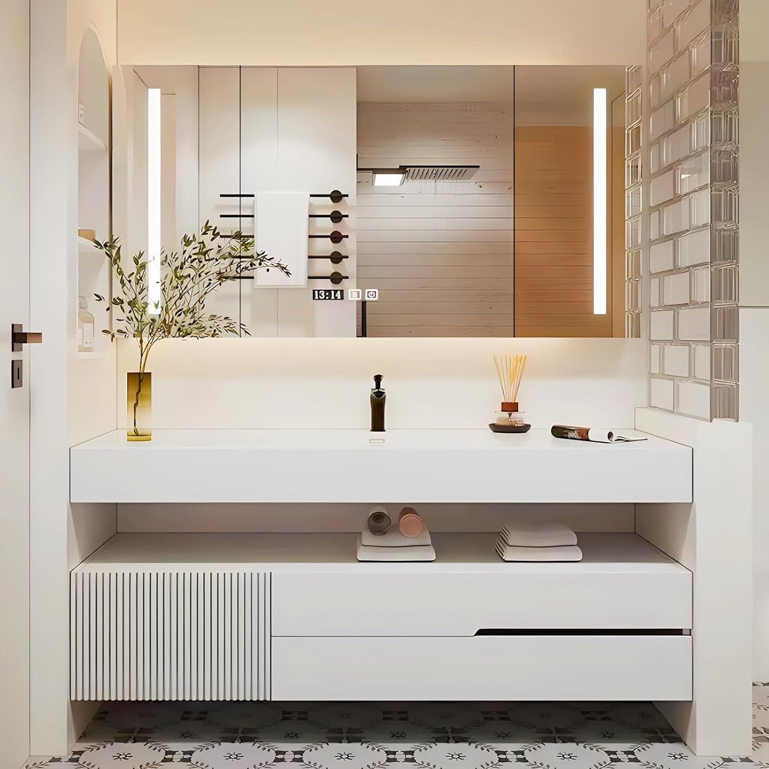 Floating Bathroom Vanity with Single Sink, Solid Wood Bathroom Vanity Set Include Smart Defog Mirror Cabinet and Spacious Countertop, Elegant Vanities with Faucet Fittings (White,60")