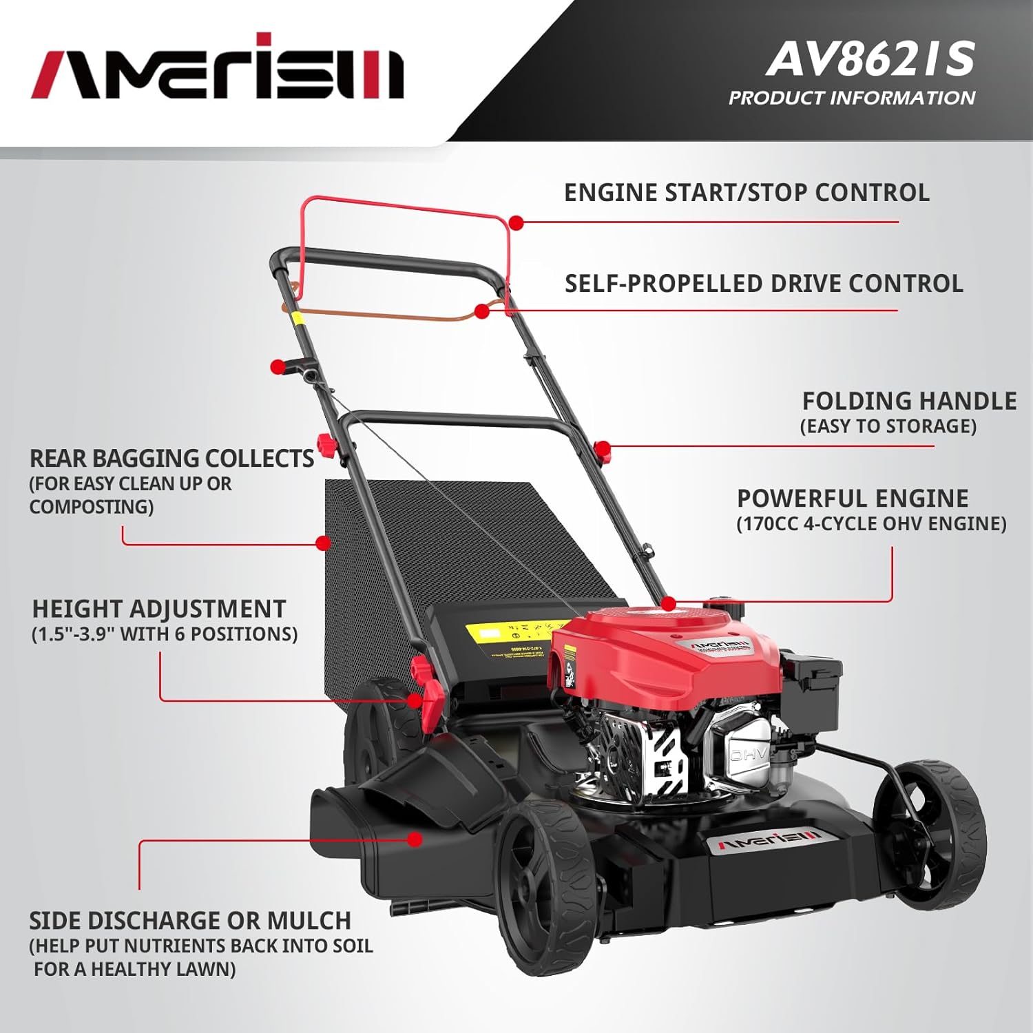 AMERISUN Self Propelled Gas Lawn Mower, 21" with 170cc 4-Cycle OHV Engine 3-in-1 RWD Self-Propelled Lawn Mower (AV8621S1)