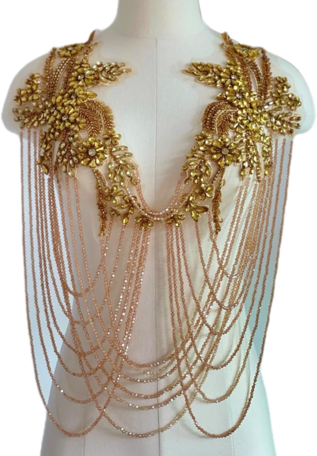 Handmade Tassel Rhinestone Applique,Rhinestone Bodice Applique,Gold Rhinestone Applique for Dress Wedding Clothing Accessory Applique、Patch (Gold)