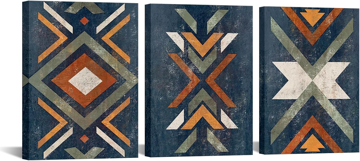 LevvArts Aztec Wall Decor Native American Navajo Tribal Painting Vintage Western Home Decor Southwestern Boho Bedroom Bathroom Living Room Decorations (Blue)