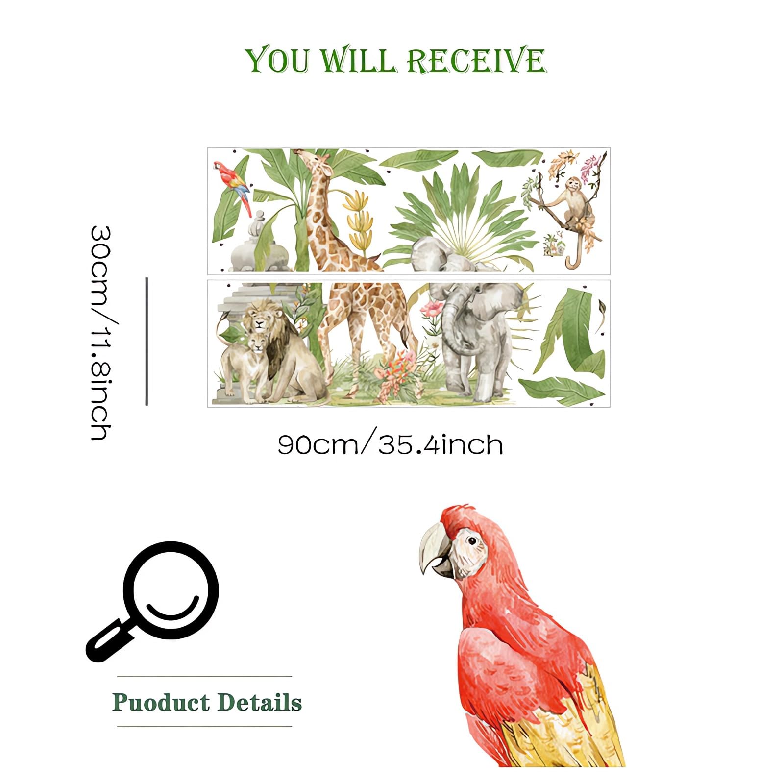 Removable Jungle Animal Wall Stickers - Giraffe, Lion, Elephant & Monkey Decals For Kids Room