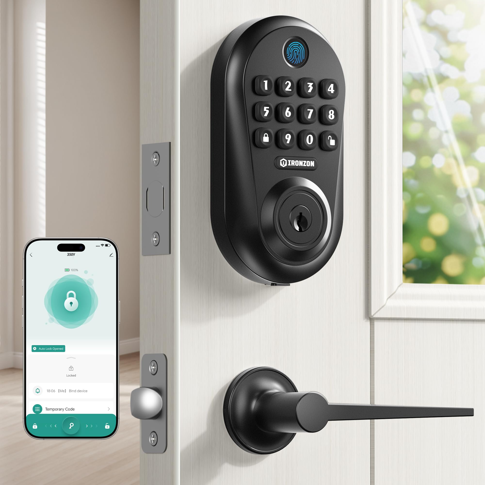 Photo 1 of IRONZON Keyless Entry Door Lock,5-in-1 Smart Lock for Front Door,Fingerprint, Keyless Entry & Auto-Lock Deadbolt with Handle Set, Remote Control via App, Easy Install - Black