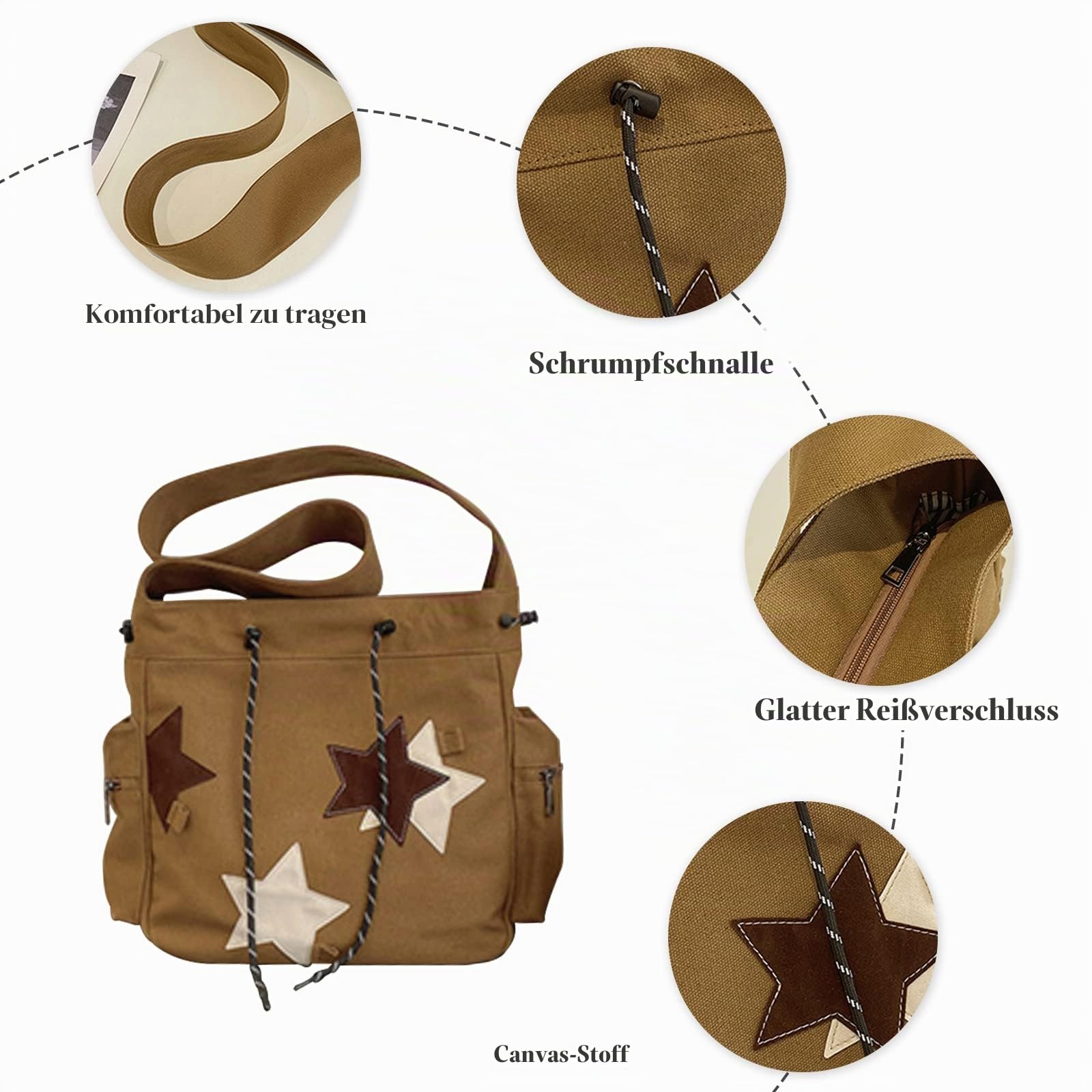 Canvas Schultertasche Kordelzug Handtasche Große Kapazität Henkeltaschen Casual Umhängetasche Mode Tragetasche Multifunktionale Tote Beutel Arbeit Reise Shopper Henkeltasche Khaki