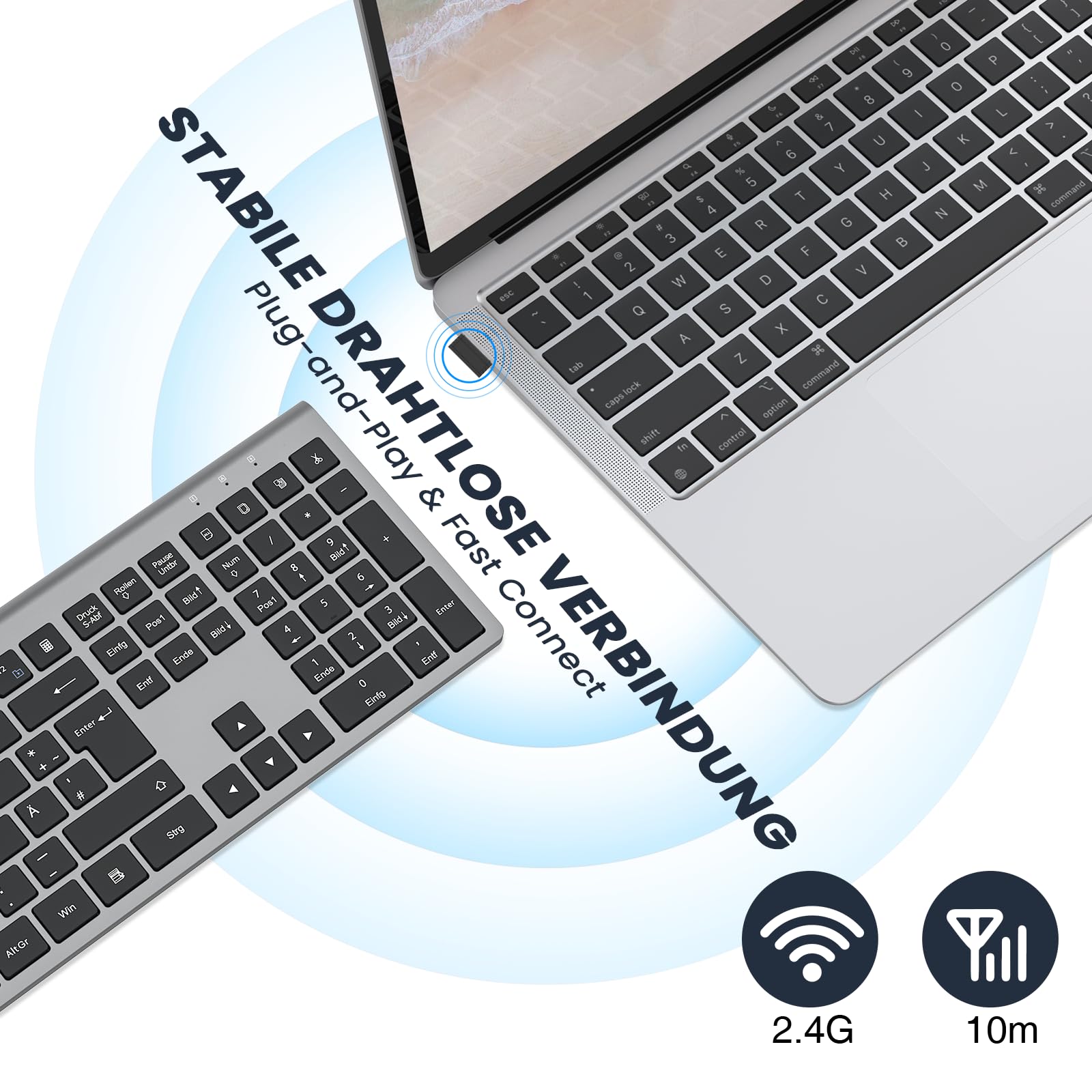 cimetech Tastatur Kabellos 2,4G Aufladbare Full Size Ultraslim Keyboard