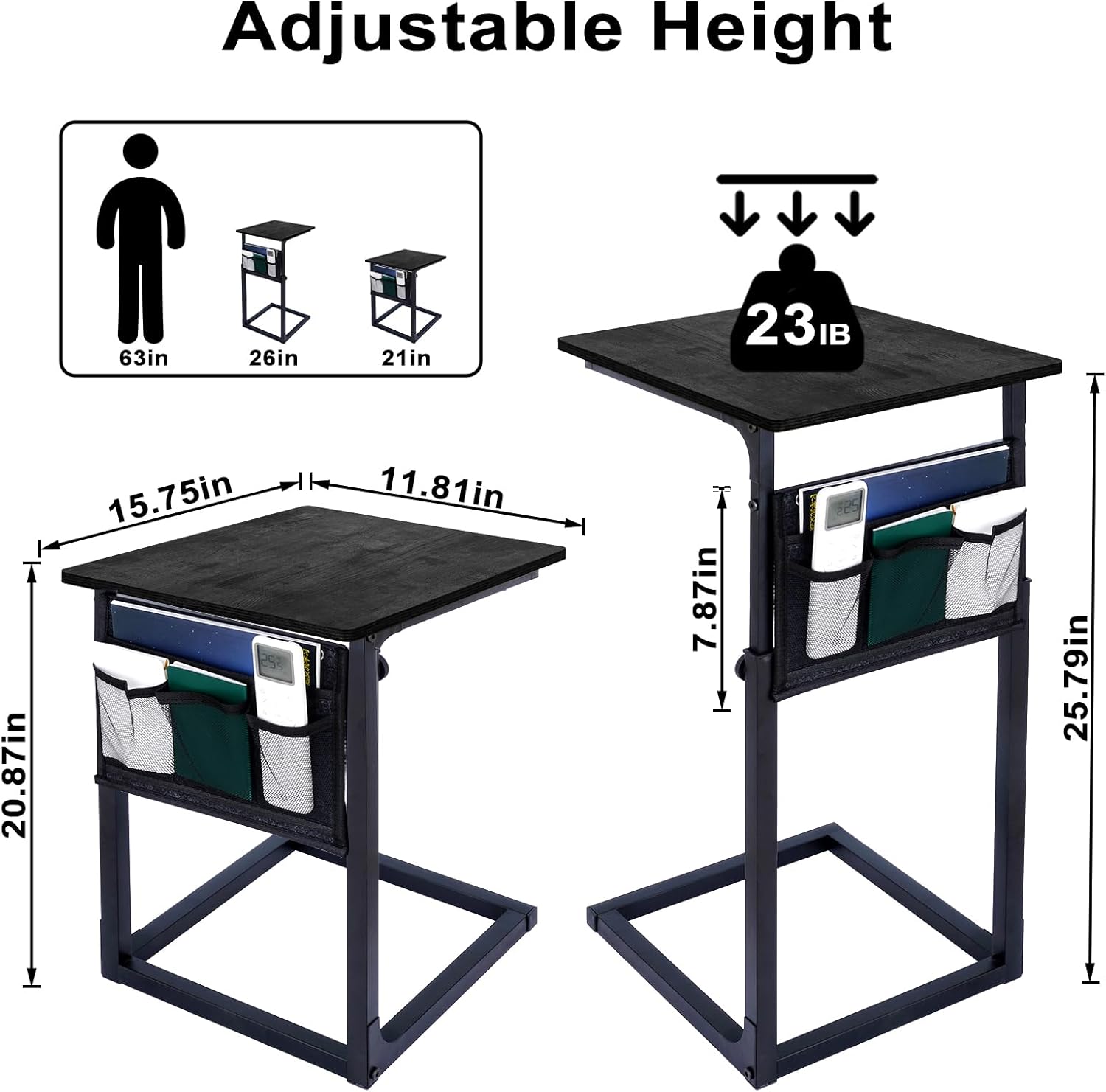 C Shaped End Table Adjustable Height, Side Table with Storage Bag, Small Side Table for Small Spaces, Couch Tables That Slide Under, Tv Tray Table for Living Room, Black
