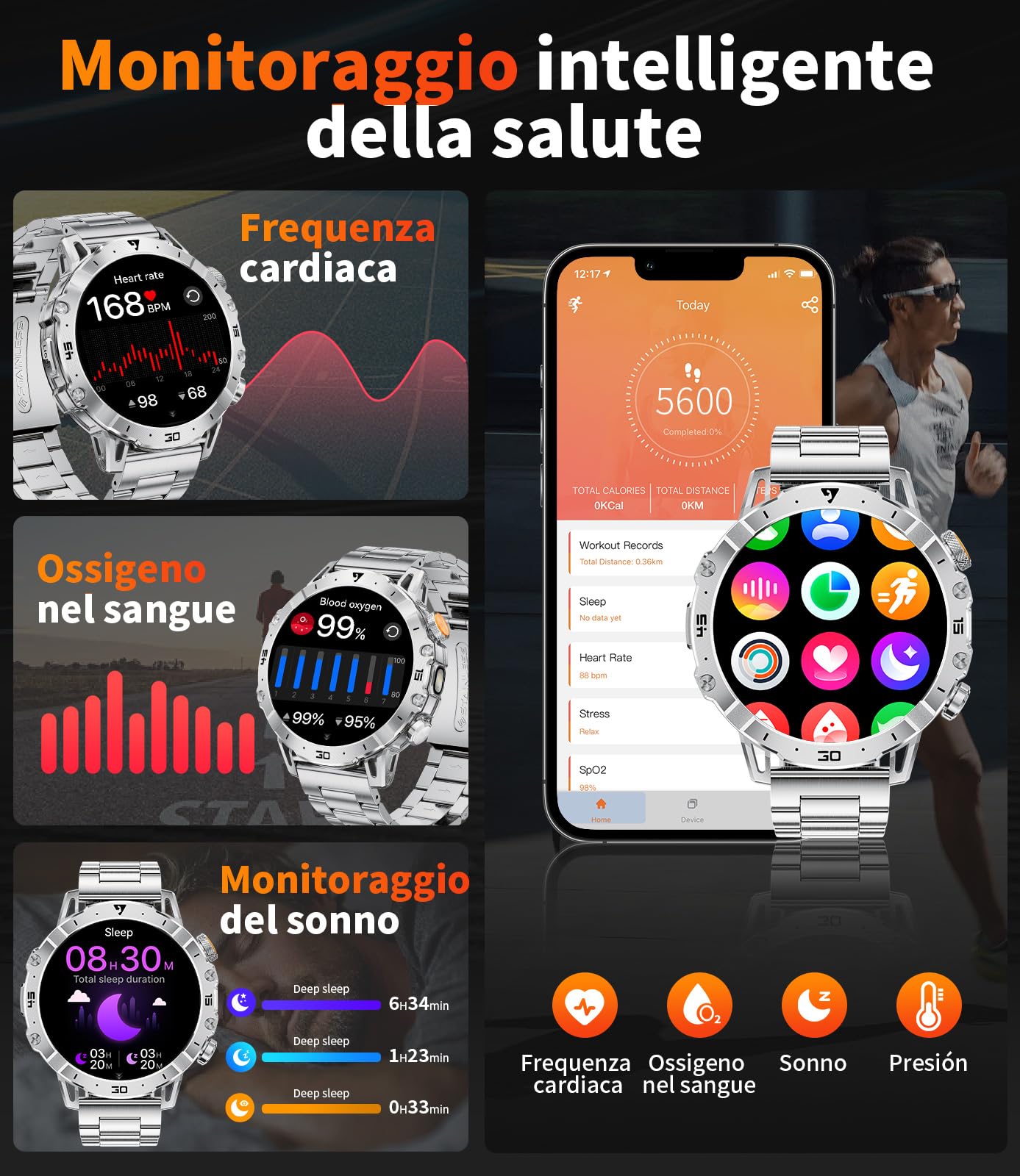 LIGE Smartwatch Uomo con 1000mAh/Torcia LED,Chiamata Bluetooth,1.7" Smart Watch Militare con 110+ Modalità Sportive,Impermeabile,Frequenza Cardiaca, Android iOS,3 Braccialetti+2 Caricabatterie,EF18-B