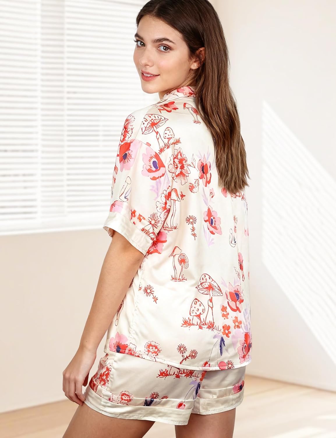 Yimoon Womens Satin Pajama Set Floral Silk Pajamas 2 Piece Short Sleeve Button Down Pjs Set Cuter Sleepwear - Image 5